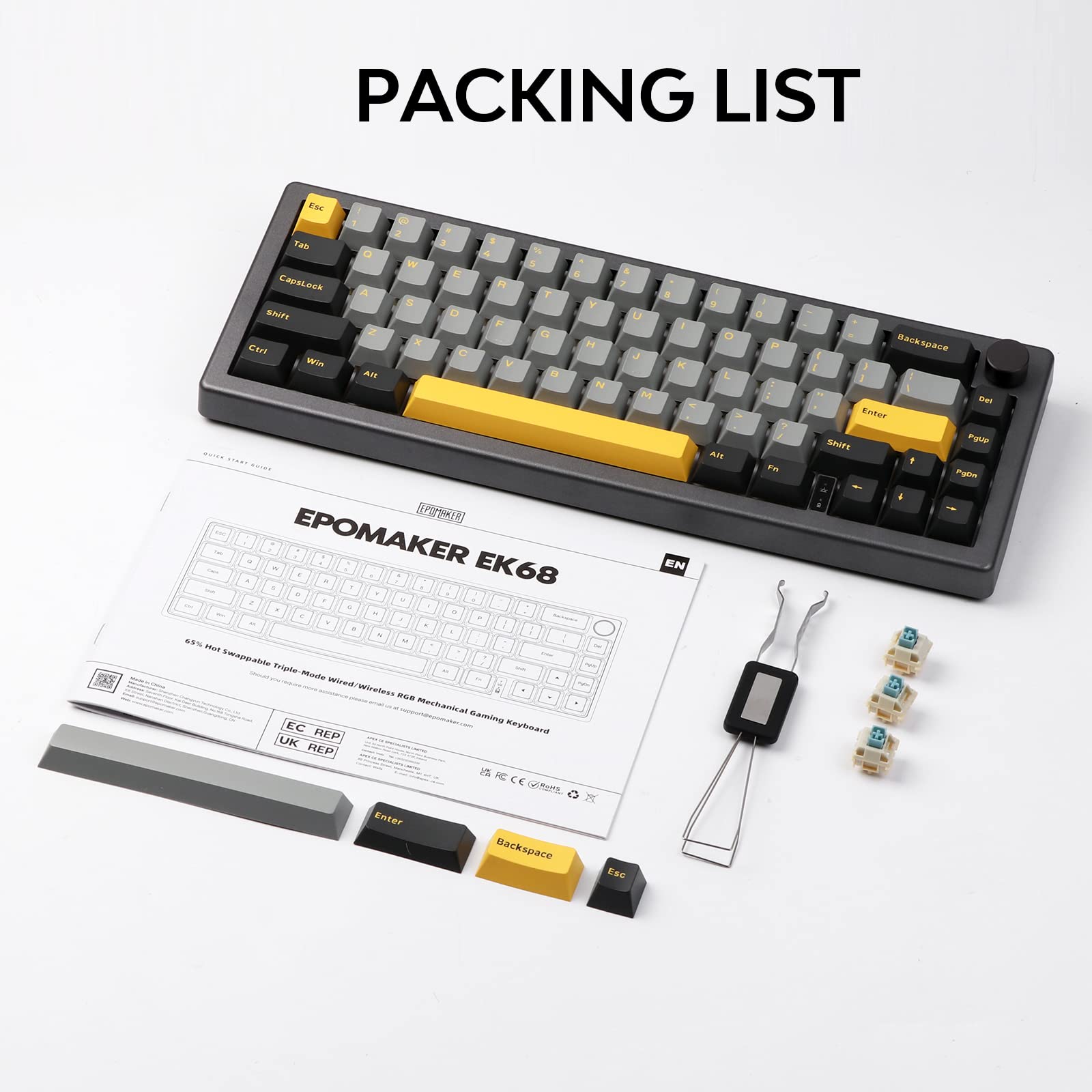 EPOMAKER EK68 65% Wireless Mechanical Gaming Keyboard - Hot Swappable Gasket Mount, Bluetooth 5.0/2.4Ghz/USB-C, Customizable Metal Knob (Black Gold, Gateron Pro Yellow Switches) - Perfect for Esports, Office Work & Typing Enthusiasts