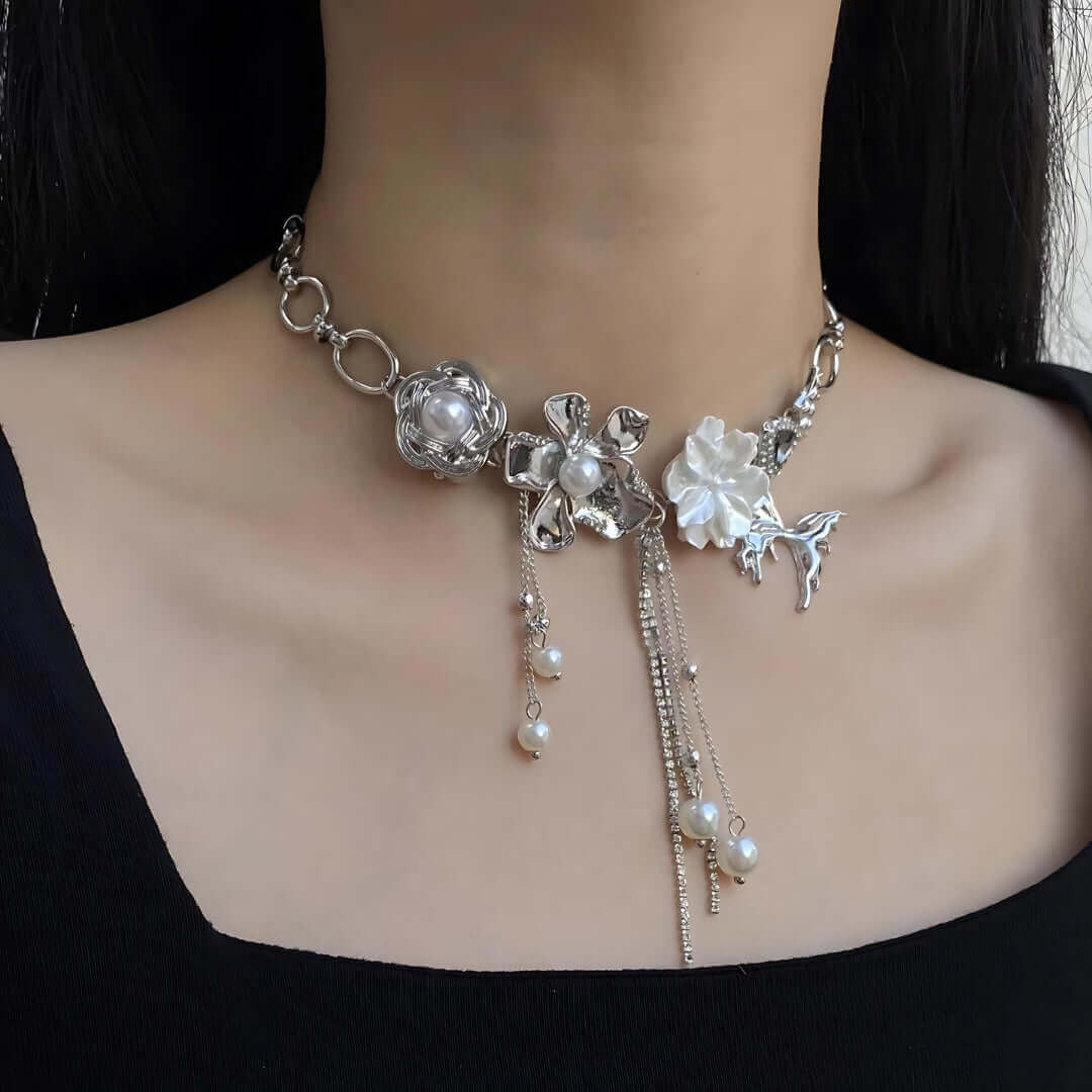 Y2K Metallic Butterfly Pearl Choker Necklace with Tassel - Vintage 90s Retro Fashion Jewelry for Women | Perfect for Parties, Concerts & Festivals