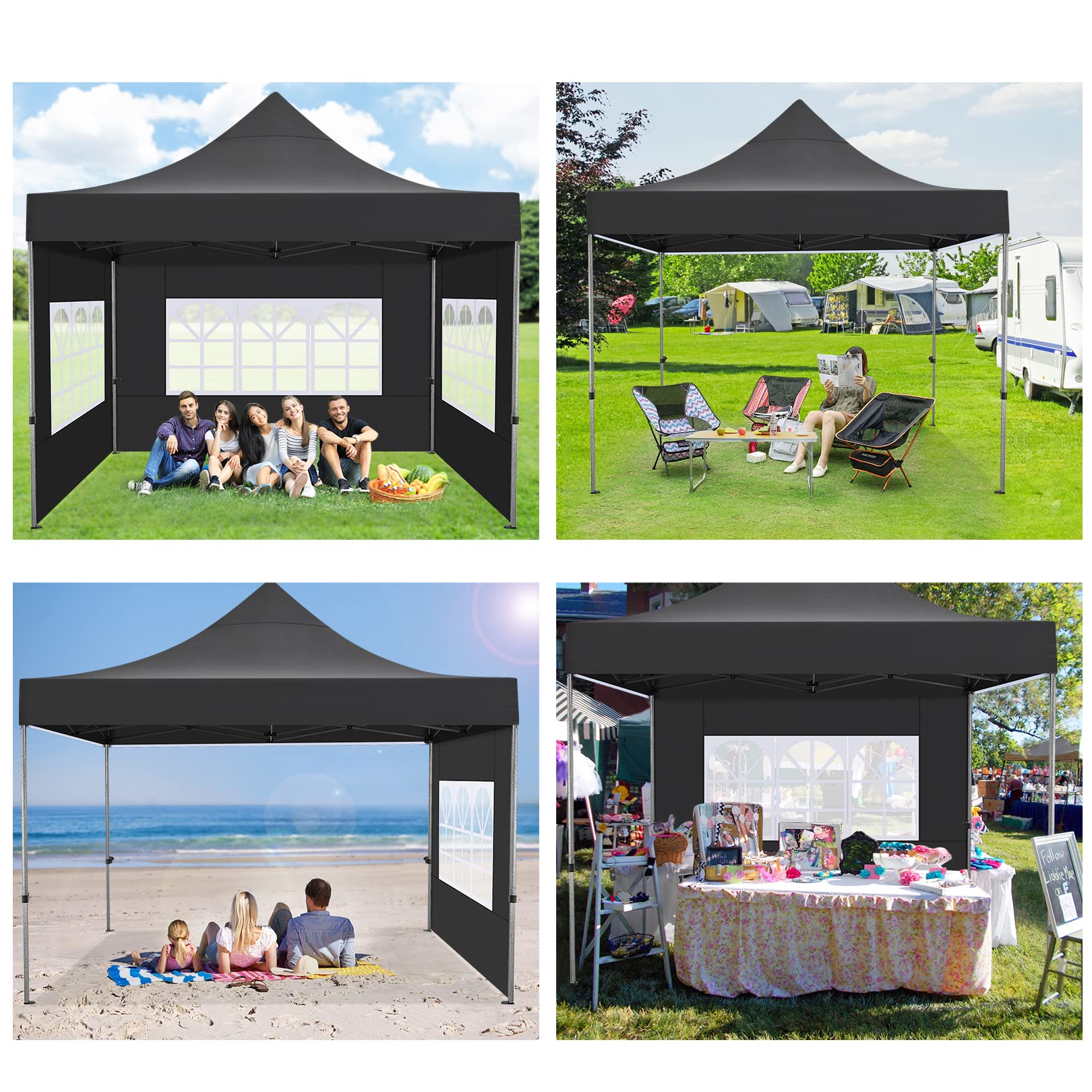 COBIZI 10x10 Pop Up Canopy Tent with 4 Sidewalls - Heavy Duty Waterproof Commercial Canopy for Outdoor Parties, Events, Camping & Backyard - Includes Wheeled Carry Bag (10x10ft, Black) | Perfect for Picnics, Farmers Markets, Beach Outings & Tailgating