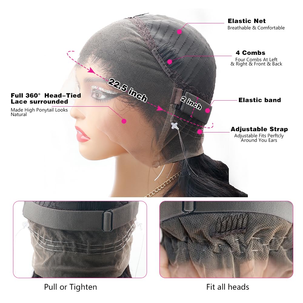 360 HD Full Lace Front Wig with Hidden Strap & Drawstring | 200% Density Body Wave Human Hair Wig for Women | Pre-Plucked with Baby Hair | 22 Inch | Perfect for Daily Wear, Cosplay & Special Occasions