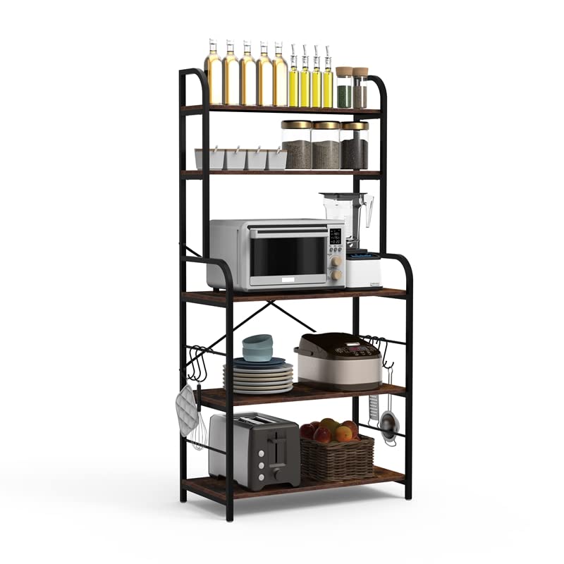 5-Tier Industrial Bakers Rack with Hutch - Rustic Brown Kitchen Storage Shelf with 6 Hooks for Microwave, Coffee Bar & Pantry Organization - Perfect for Small Spaces, Farmhouse Kitchens & Coffee Stations