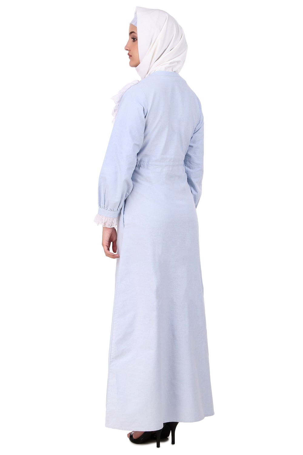 Elegant Drawstring Lace Embellished Cotton Chambray Abaya Dress - Modest Muslim Prayer Dress for Women, Perfect for Mosque, Eid and Special Occasions