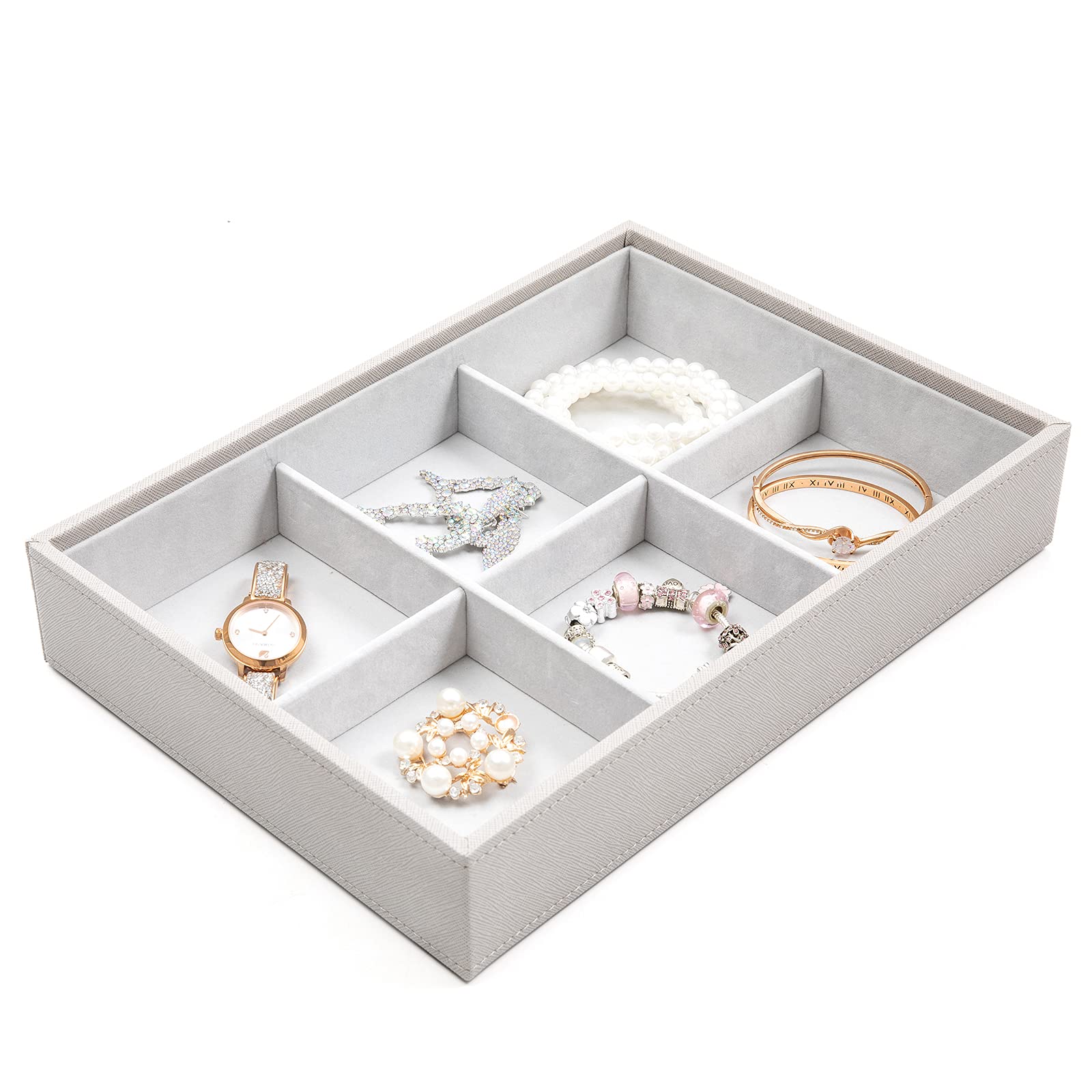Vee Stackable Jewelry Tray Organizer - 6 Grid High Capacity Earring Holder for Necklaces, Bracelets, Rings & Watches | Jewelry Storage Display Tray for Dresser Drawer (Grey) - Perfect for Bedroom Vanity, Closet Organization & Travel Jewelry Case