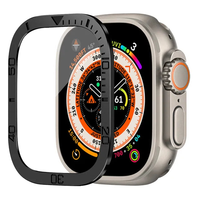 49mm Ultra Bezel Ring with Tempered Glass Protector - Durable Metal Frame & Scratch-Resistant Screen Cover for Smartwatches (Perfect for Fitness Tracking, Workouts & Everyday Wear)