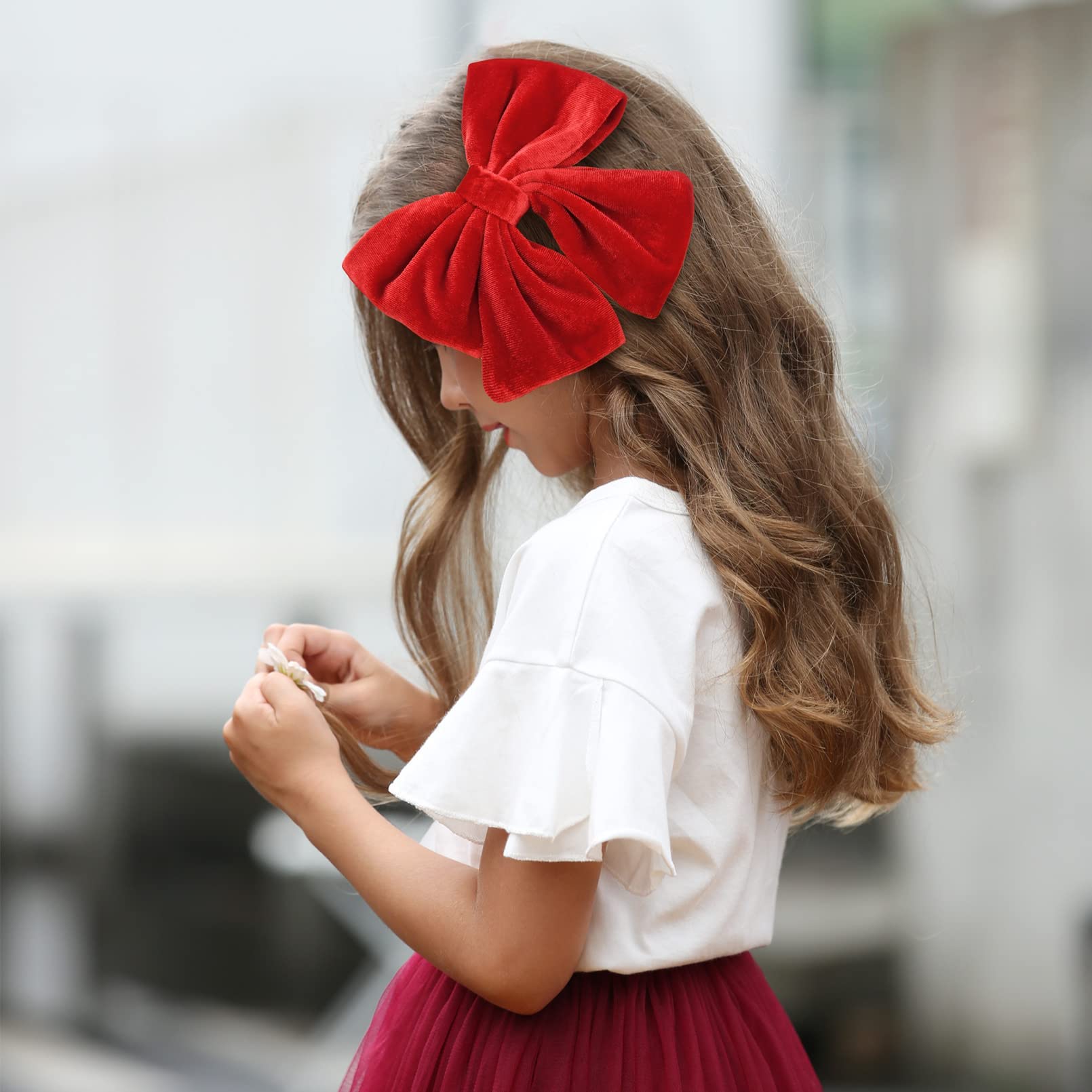 Velvet Hair Bows for Girls - 6 Inch Big Red Fall Hair Clips (2PCS) - Alligator Clips for Toddlers, Teens & Kids - Perfect for School, Parties & Photo Shoots