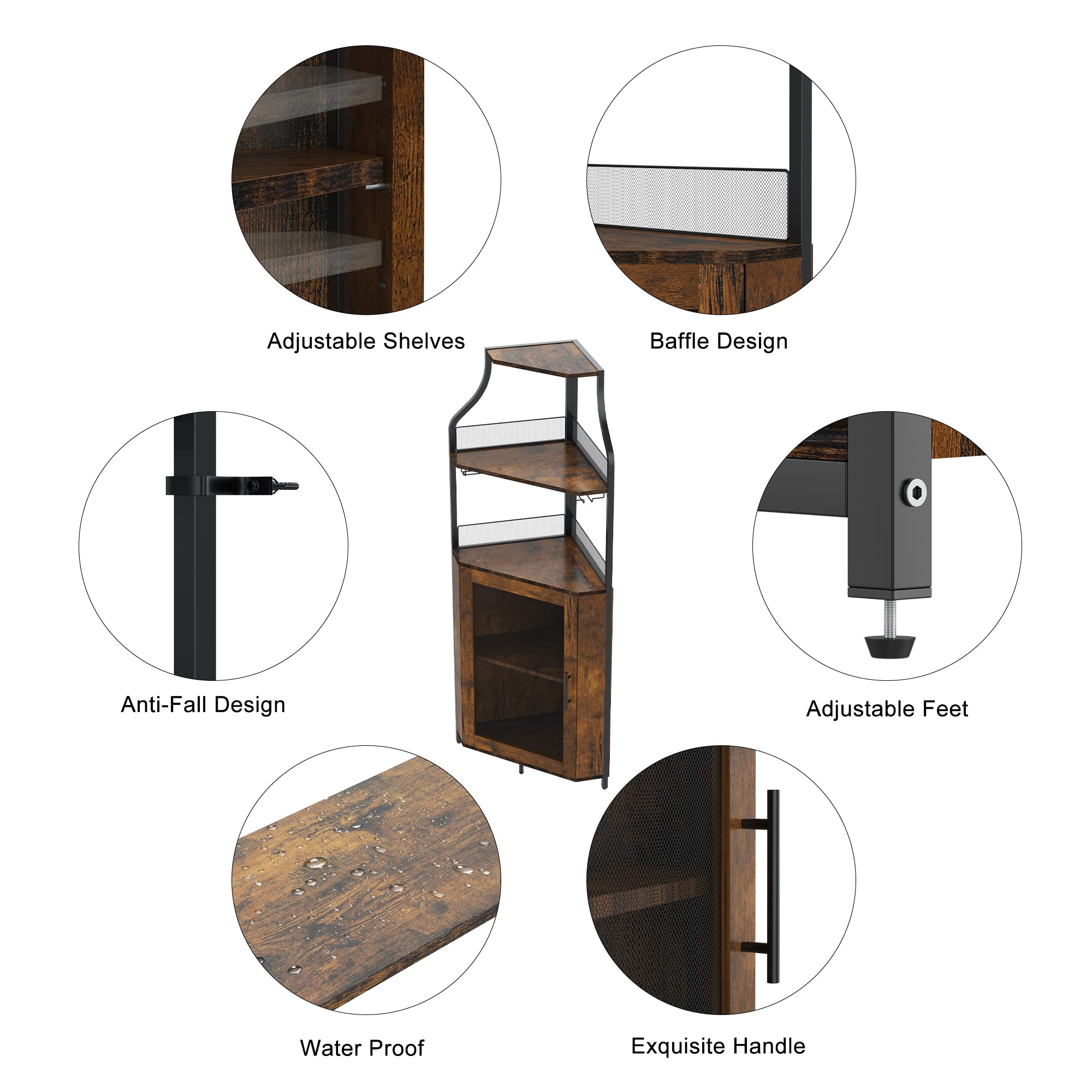 5-Tier Industrial Corner Wine Cabinet with Detachable Rack, Barn Door & Glass Holder - Rustic Brown Farmhouse Bar Cabinet for Dining Room, Kitchen or Home Bar Decor