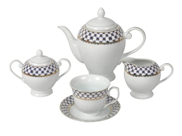 57-Piece Elegant Porcelain Dinnerware Set for 8 - Gold & Cobalt Blue Lattice Design - Perfect for Dinner Parties, Weddings & Formal Events