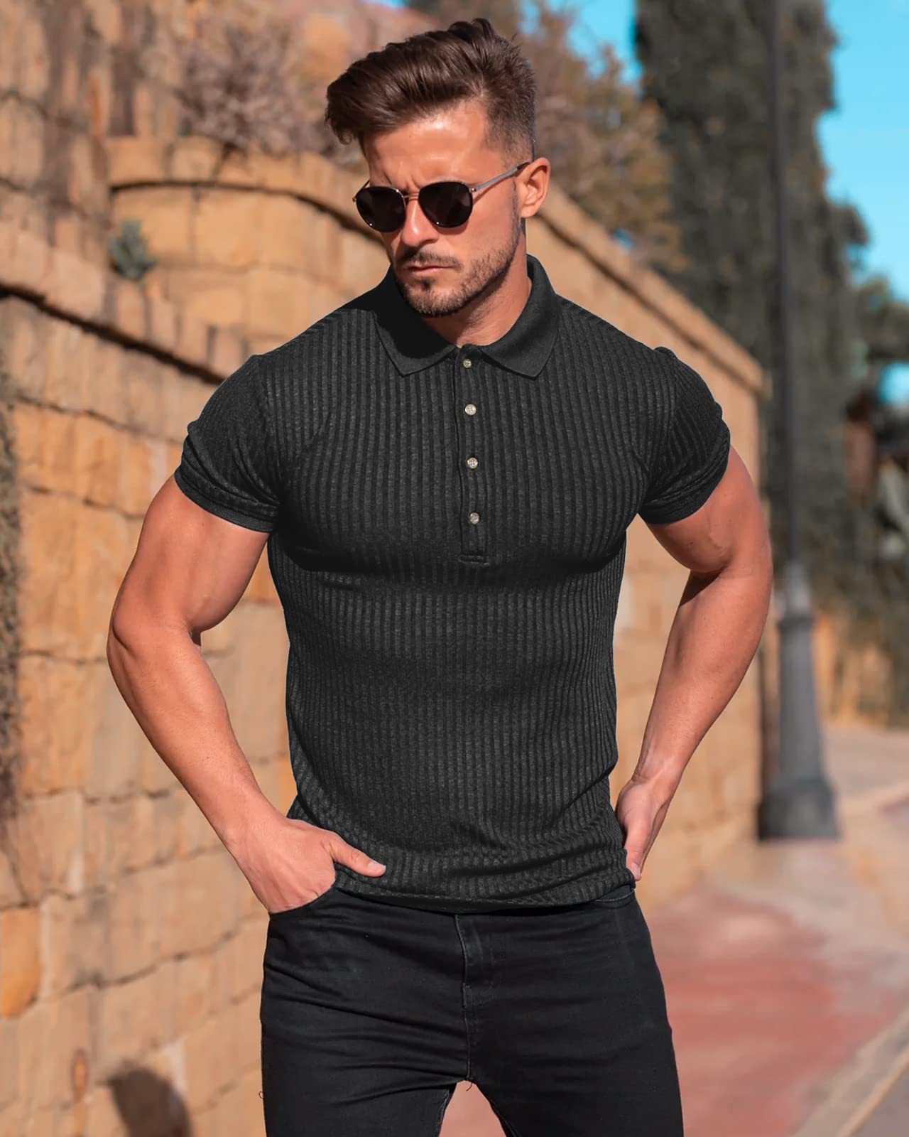 Men's Slim Fit Muscle Polo Shirts - Short Sleeve Ribbed Knit Golf & Bowling Shirts | Breathable Dry Fit Casual Tees for Sports & Outdoor Activities