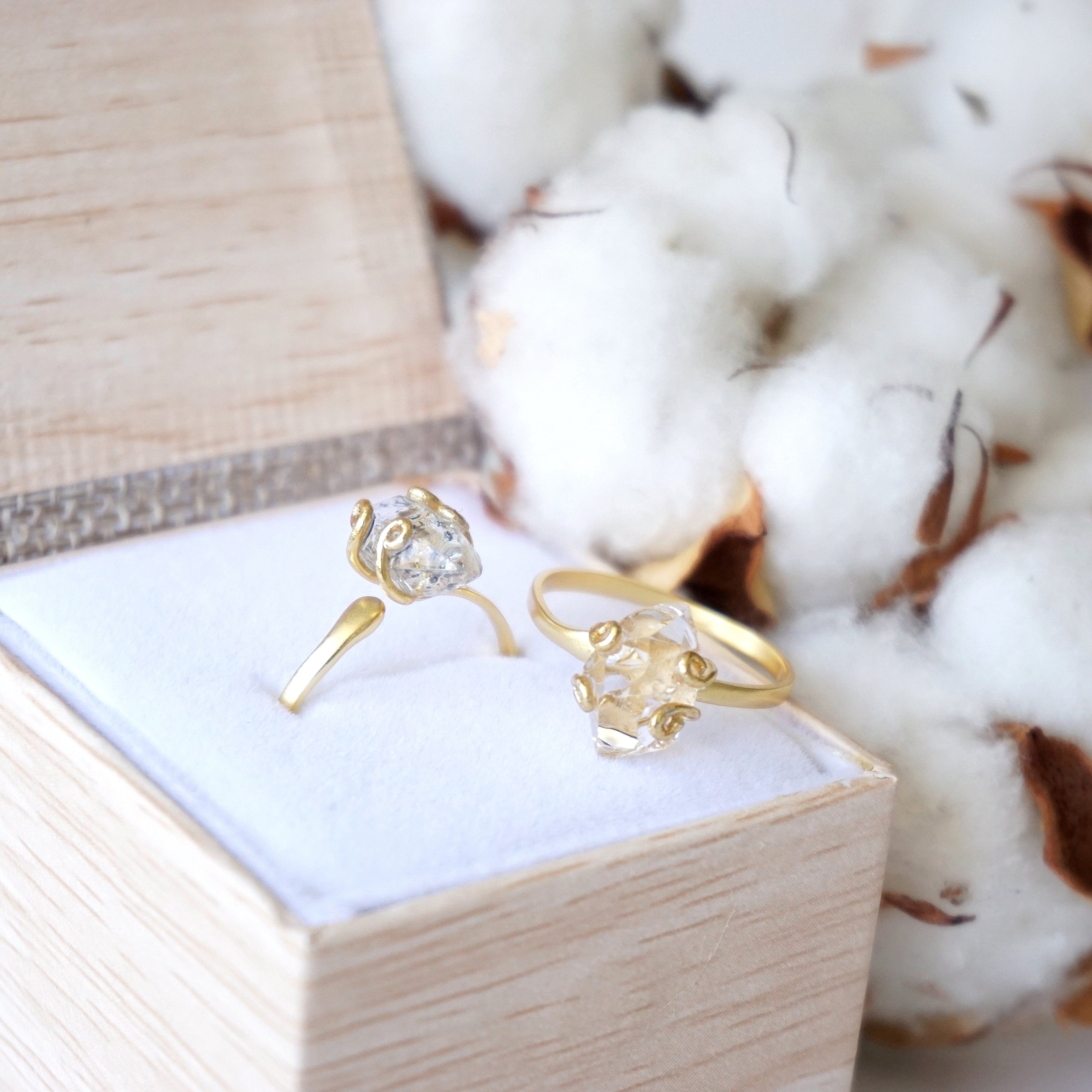14K Gold Vermeil Adjustable Herkimer Diamond Ring - Elegant Stackable Jewelry for Everyday Wear & Special Occasions