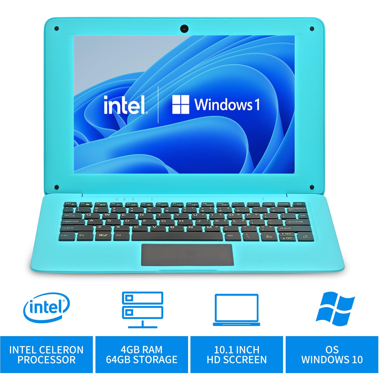 10.1 Inch Ultra Thin Windows 10 Laptop - Intel Quad Core, 4GB RAM, 64GB Storage, Expandable to 1TB, USB 3.0, WiFi, HDMI, Bluetooth - Portable Netbook for Students, Business & Travel (Blue)