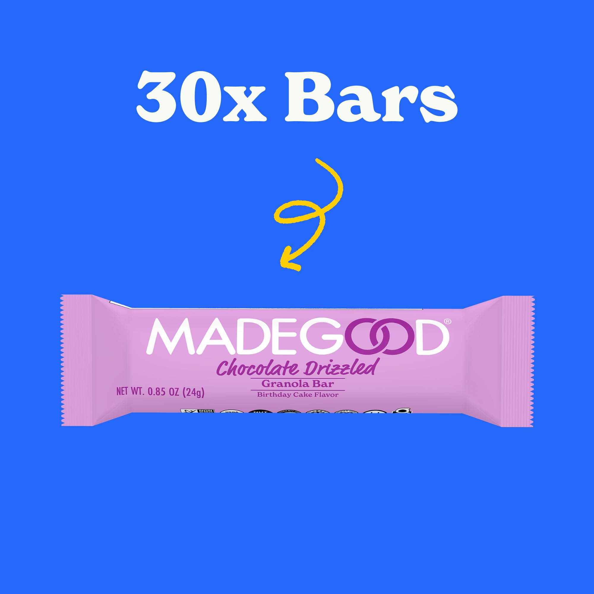 MadeGood Chocolate Drizzled Granola Bars, Birthday Cake Flavor - Gluten Free, Vegan, Organic Snacks (30 Count Bulk Pack) - Perfect for School Lunches, Office Snacks & On-the-Go Energy Boost