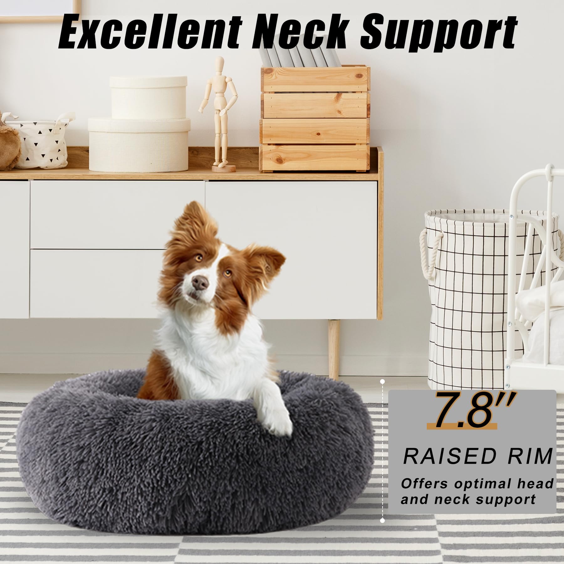 Calming Donut Dog Bed for Small to Medium Pets up to 80 lbs - Anti-Anxiety Round Pet Bed with Fluffy Washable Cover & Non-Slip Bottom - Perfect for Dogs & Cats (Dark Grey, 36