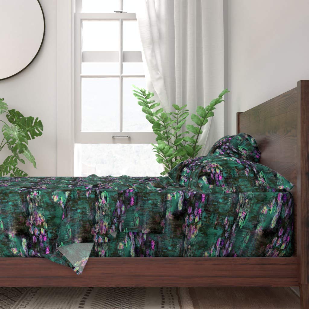 100% Cotton Twin 3-Piece Sheet Set - Watercolor Floral Impressionist Emerald Purple Print Bedding | Soft & Breathable Custom Bed Sheets for Home, Dorm, or Guest Room