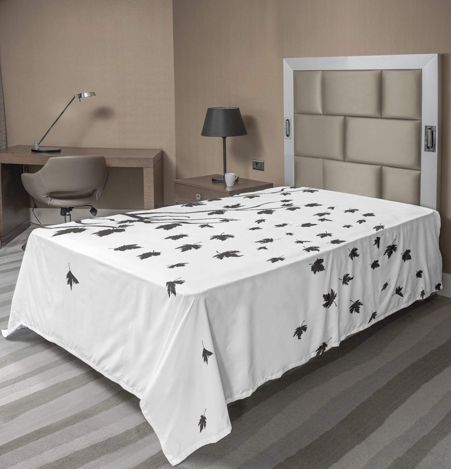 Ambesonne Grey and White Twin Flat Sheet - Soft Maple Leaf Silhouette Botanical Design for Autumn Bedding | Decorative Top Sheet for Guest Rooms & Seasonal Home Decor