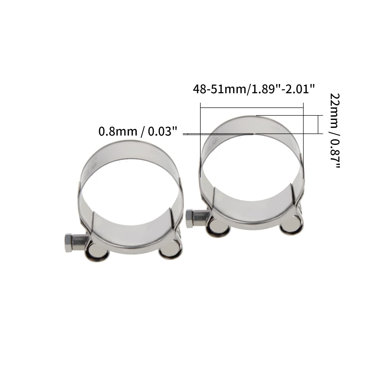 Stainless Steel T-Bolt Hose Clamp 48-51mm (2 Pack) - Heavy Duty Fuel Line Clamps for Automotive, Marine & Industrial Applications - Perfect for Fuel Pump, Filter & Plumbing Systems