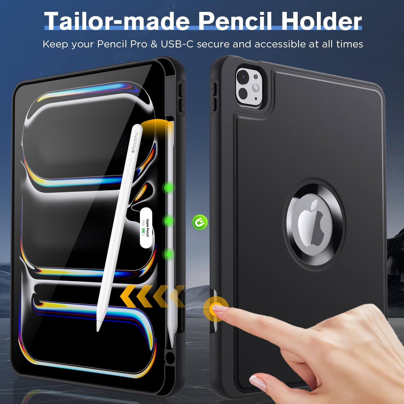 MoKo iPad Pro 11 Inch Case 2024 (5th Gen M4 Model) - Premium Protective Cover with Pencil Holder, Soft TPU Back, Auto Wake/Sleep & Hollow Logo - Perfect for Work, School & Travel - Black