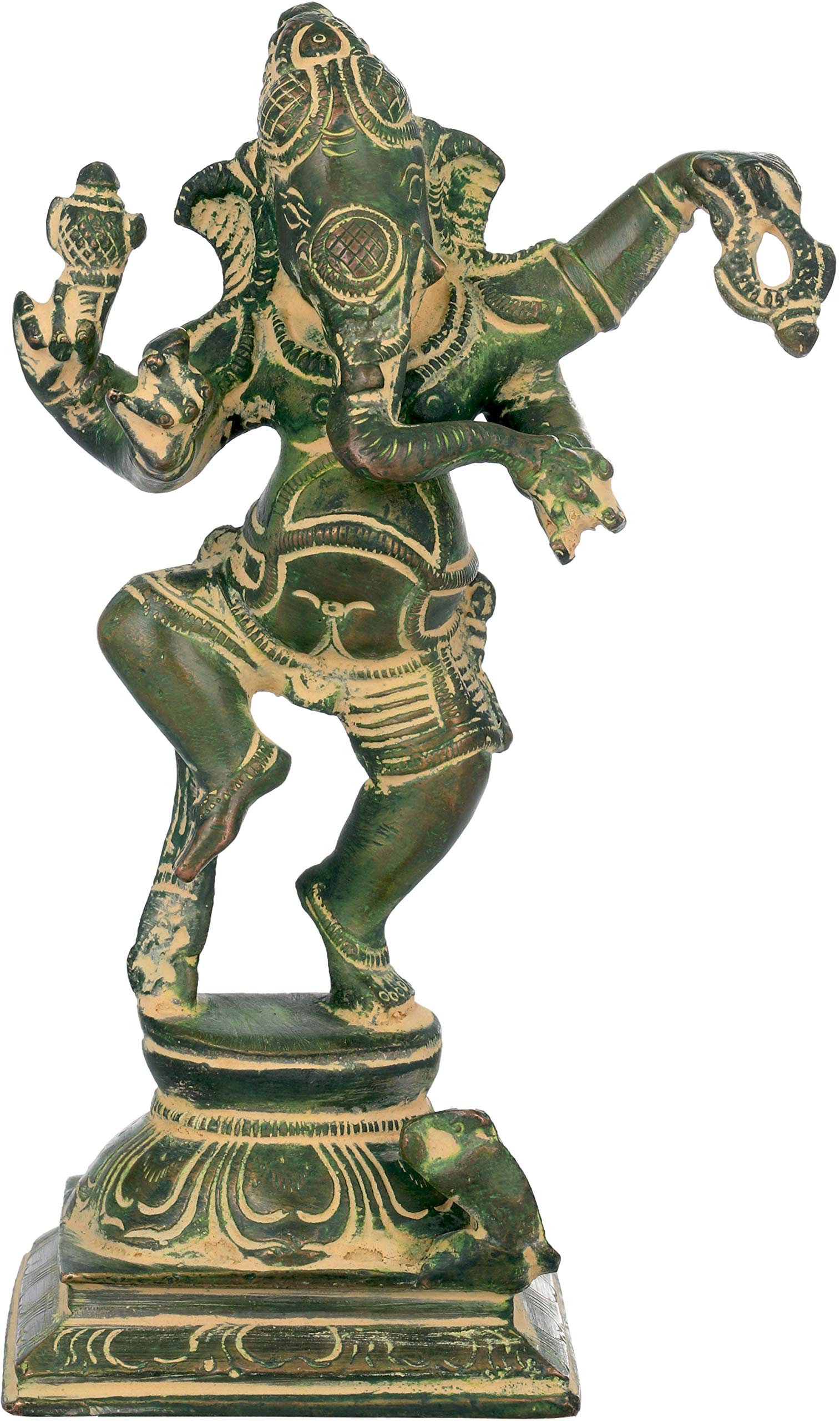 Exotic India Dancing Baby Ganesha Brass Sculpture - Antique Green Hindu God Statue for Home Decor, Yoga Studio & Meditation Space
