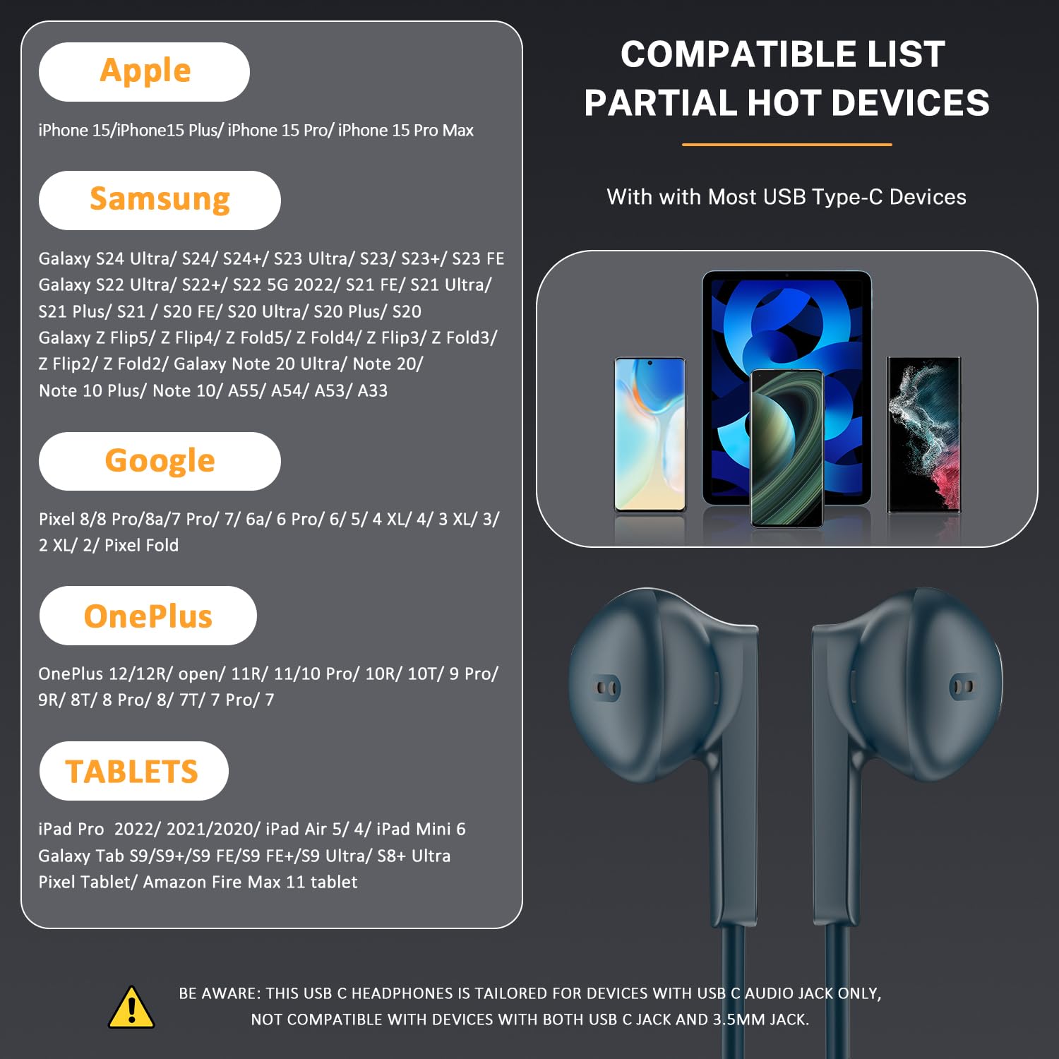 USB C Wired Headphones with Mic & Volume Control - Compatible with iPhone 15 Pro, Samsung Galaxy S24/S23/S22/S21 Ultra, iPad Pro, Pixel 8 Pro/7a & OnePlus 12/11 - Stereo Sound & Clear Calls for Work, Gaming & Music Listening