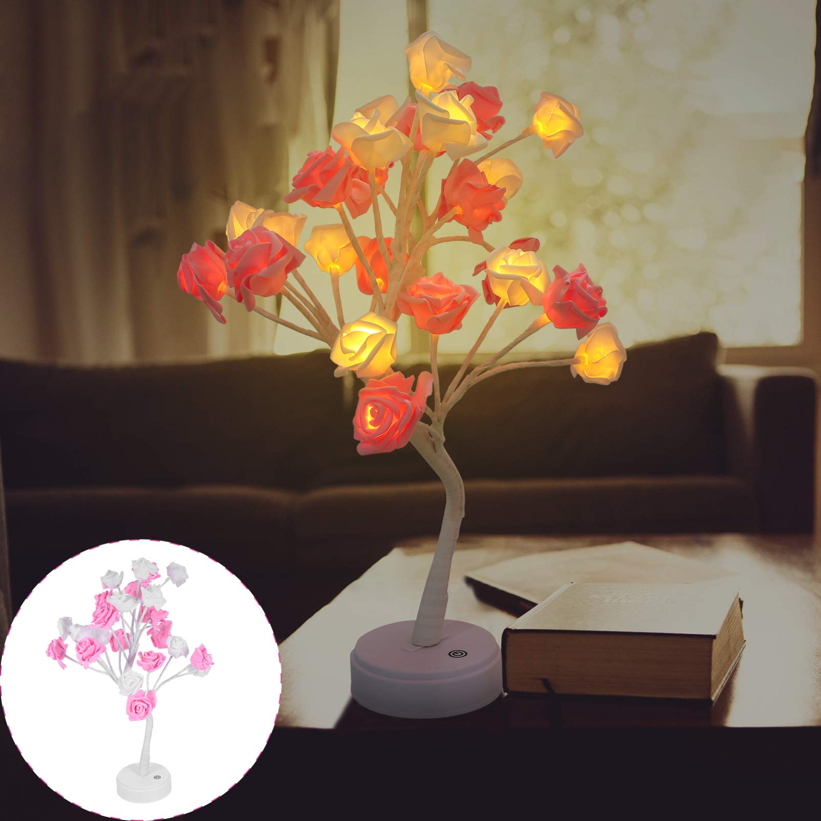 Uonlytech 24 LED Rose Tree Lamp - Elegant Lighted Bonsai Table Light for Office, Wedding & Valentine's Day Decor | Perfect Desk Centerpiece for Home, Party & Romantic Settings