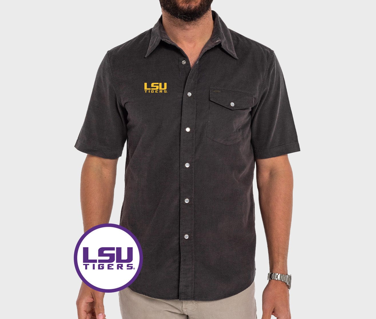 LSU Tigers Short Sleeve Corduroy Pearl Snap Shirt - Gray Cotton Button Down for Men - Perfect for Game Day, Tailgating & Casual Wear