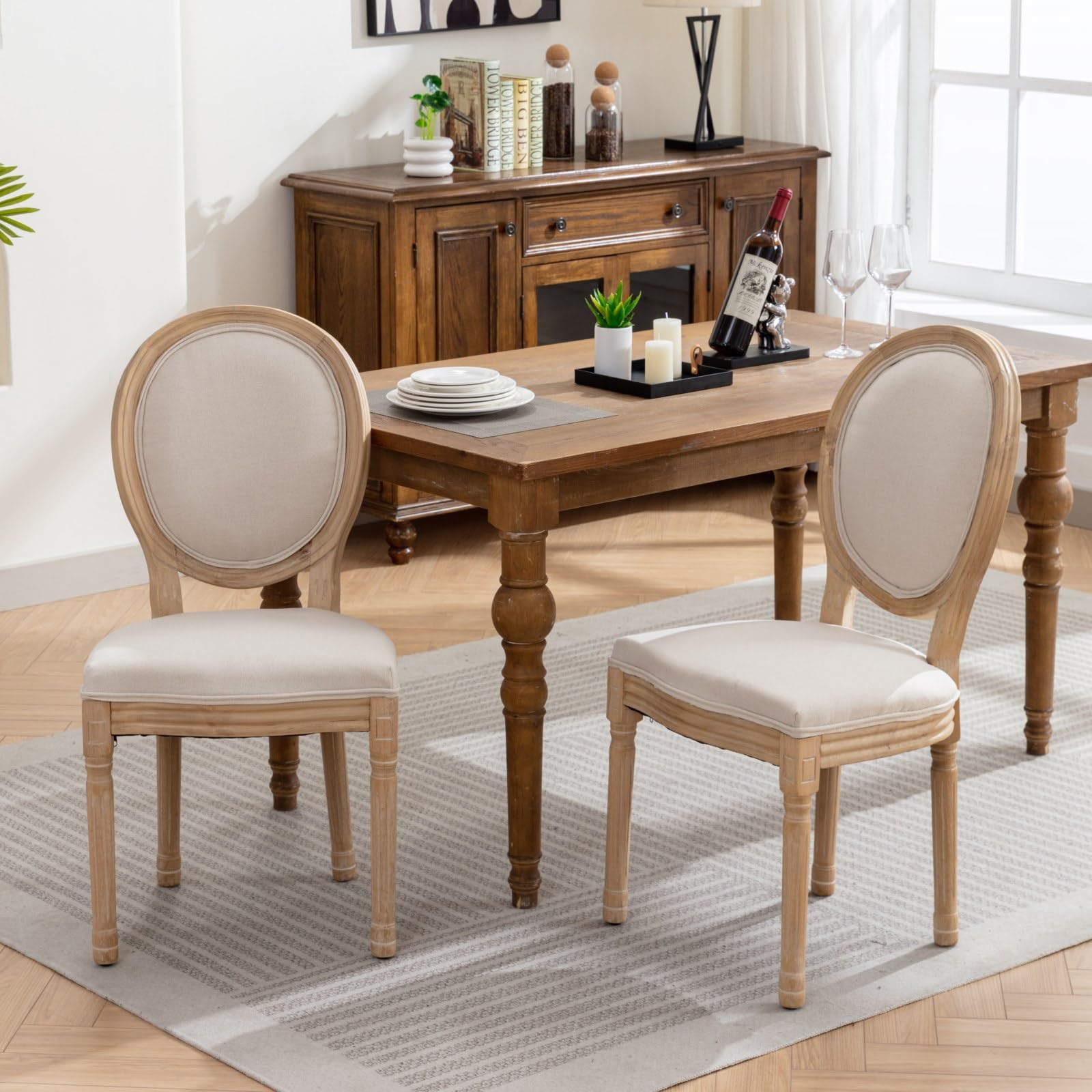 Merax French Country Dining Chairs Set of 2 - Upholstered Farmhouse Kitchen Chairs with Round Back, Linen Fabric in Beige | Perfect for Dining Room, Living Room, Kitchen & Restaurant Decor
