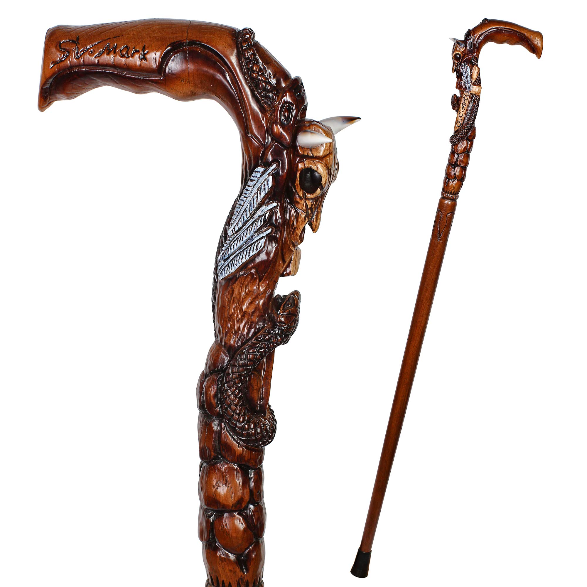 Hand Carved Wooden Walking Cane with Snake & Bull Skull Design - Buffalo Horn Handle for Men & Women - Durable Hiking Stick for Outdoor Adventures, Fashion Accessory & Elderly Support - Perfect for Camping, Travel & Daily Use