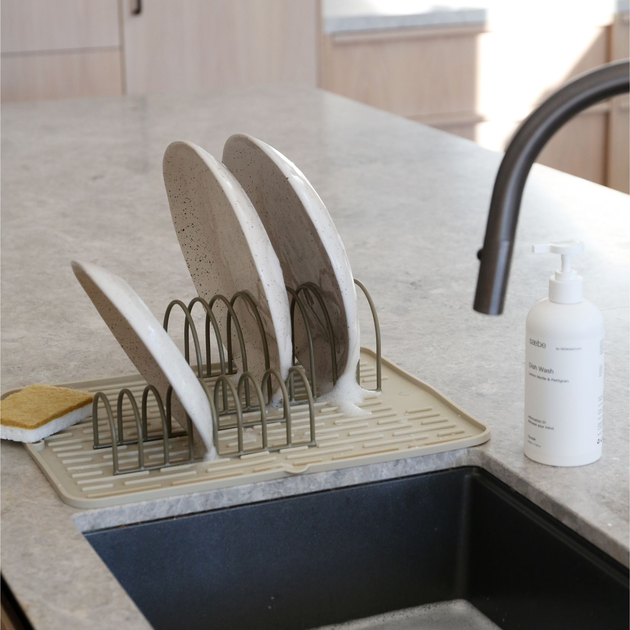 DESIGNSTUFF Dish Drainer Set of 2 - Khaki Color Kitchen Countertop Drying Rack for Plates, Bowls & Utensils | Space-Saving Dishware Organizer for Small Kitchens & Apartments
