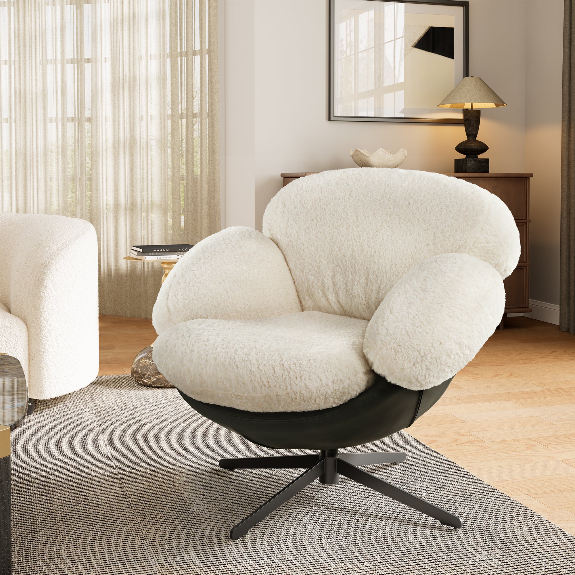 Modern Swivel Lounge Chair - White Comfy Accent Chair for Living Room, Bedroom & Office - Cara Contemporary Design with 360° Rotation