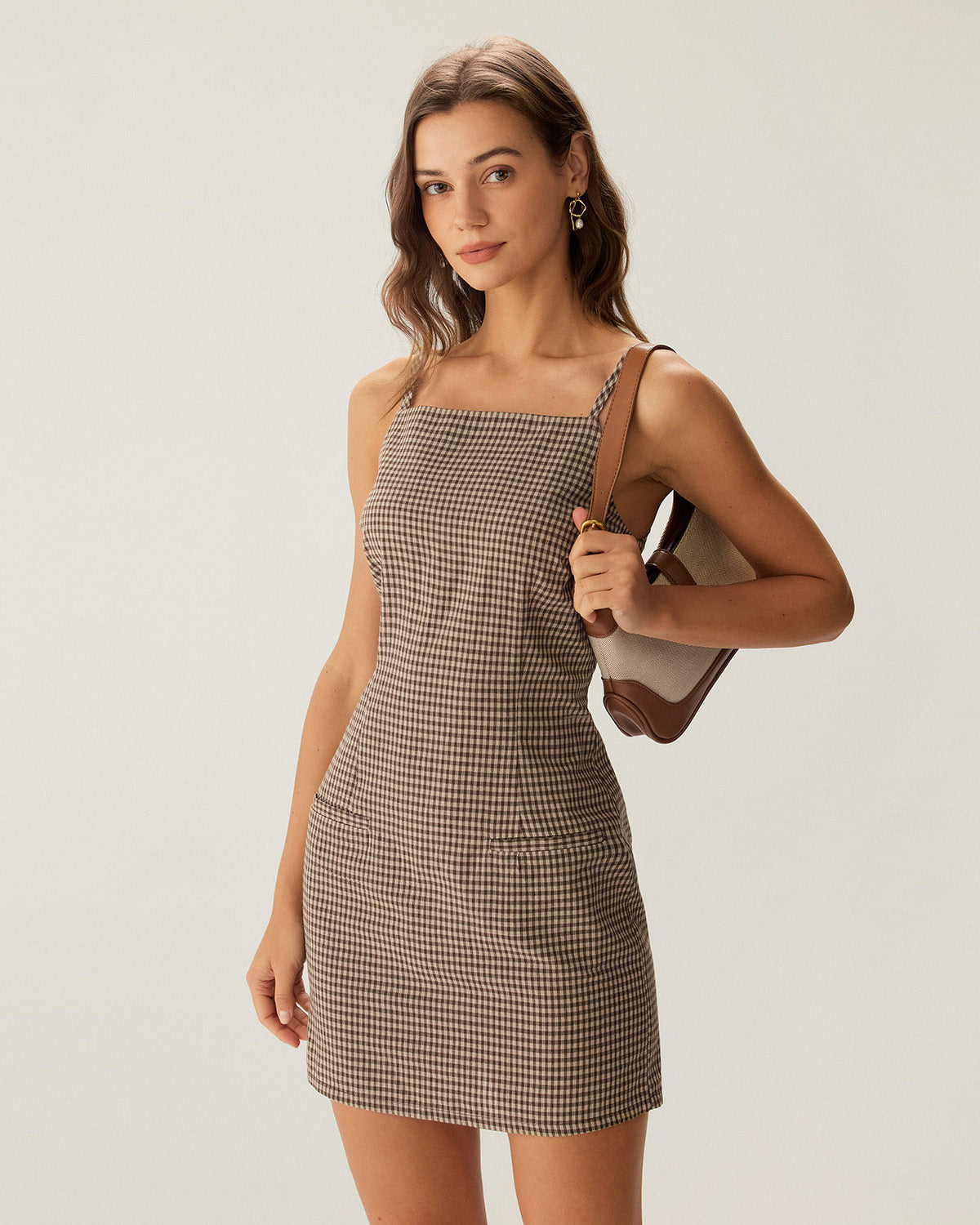 Brown Plaid Slip Mini Dress - Women's Vintage Style Short Sleeve Party Dress for Casual Outings, Date Nights & Summer Vacations