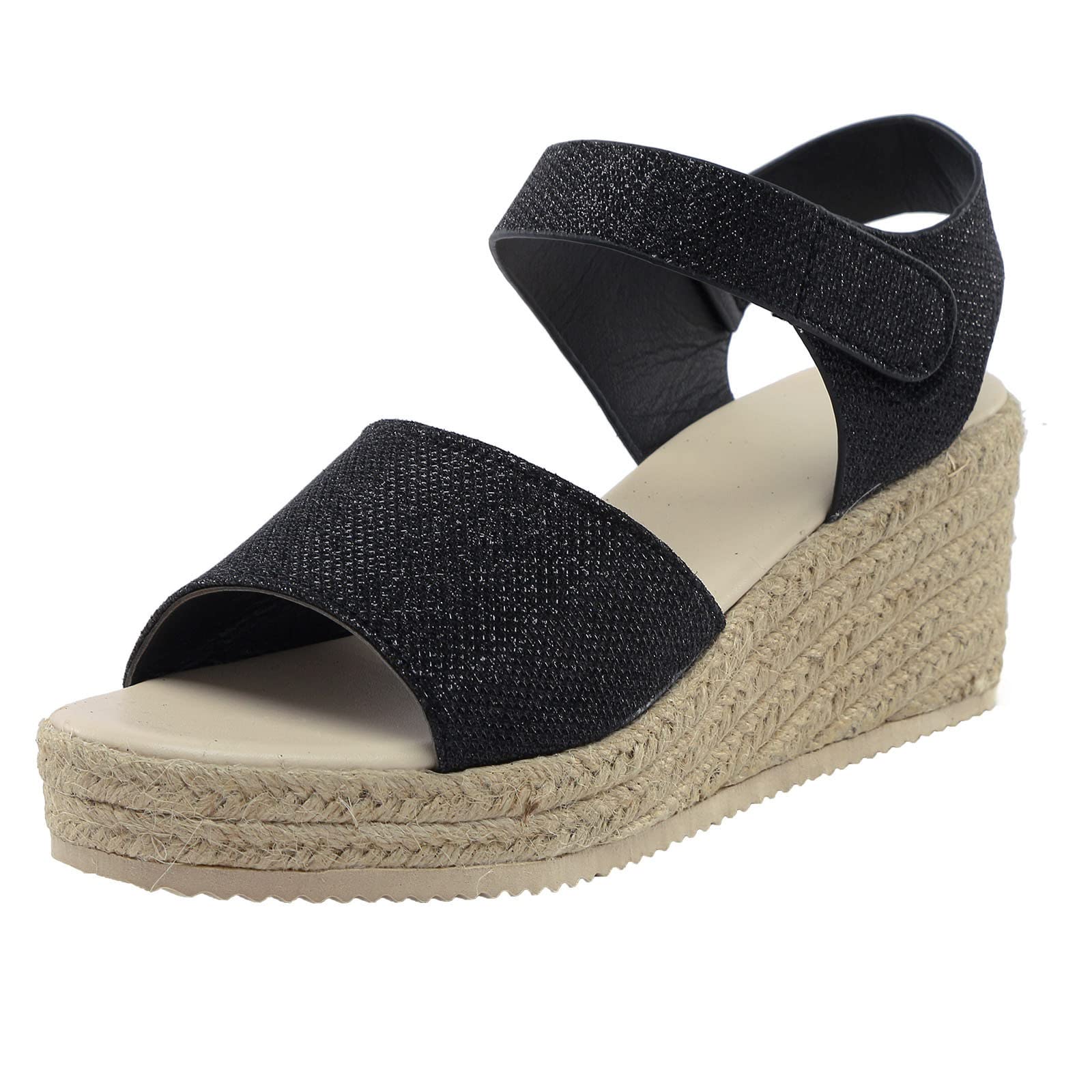 Women's Open Toe Linen Wedge Sandals - Comfortable Tie-Up Roman Flat Shoes for Ladies (Black, Size 6.5) | Perfect for Summer Beach, Vacation, and Casual Outings