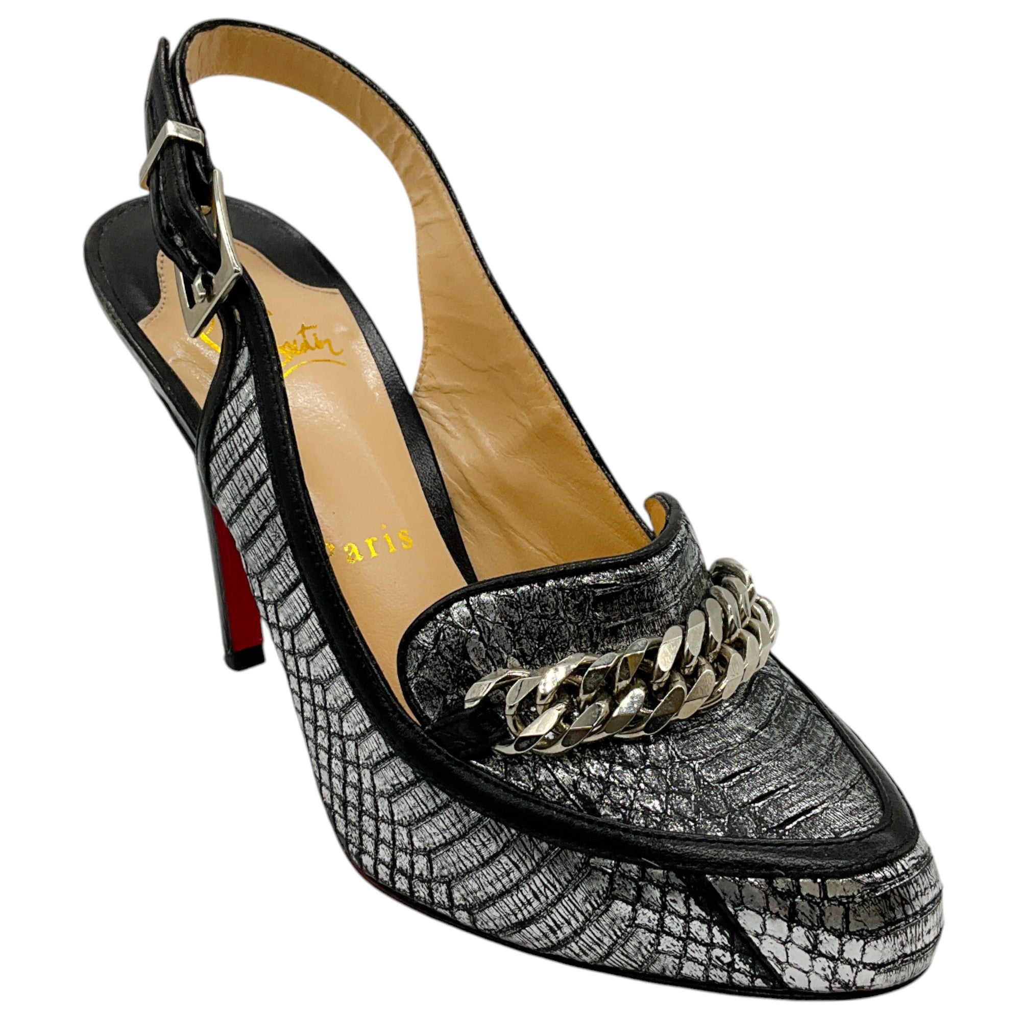 Christian Louboutin Black & Silver Snake Print Slingback Heels with Chain Detail - Elegant Evening Pumps for Parties & Special Occasions
