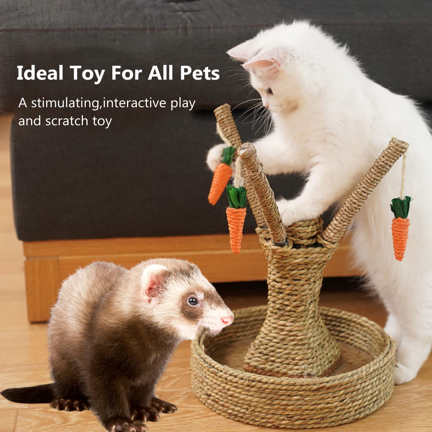 Ferret Scratcher Tree - Bunny Chew Toys for Cats & Small Animals - Rattan Grass Scratcher & Climbing Tree with Carrot Play Toys - Guinea Pig Tooth Cleaning Toy (Seagrass) - Perfect for Playtime & Dental Care