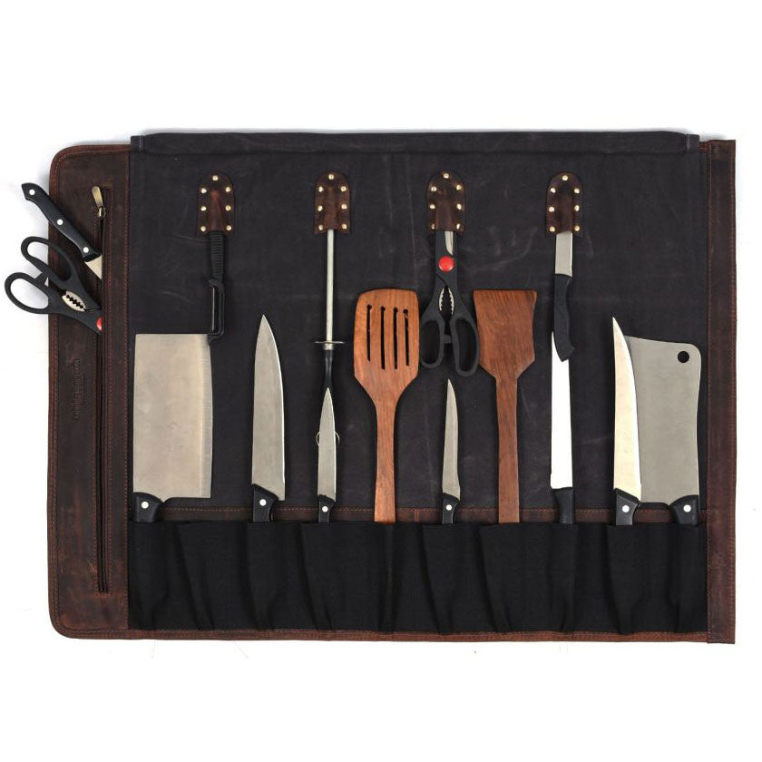 Premium Charcoal Gray Waxed Canvas Knife Roll Bag - 14 Slots for Chefs & Culinary Tools with Adjustable Shoulder Strap | Perfect for Professional Chefs, Cooking Classes & Kitchen Storage