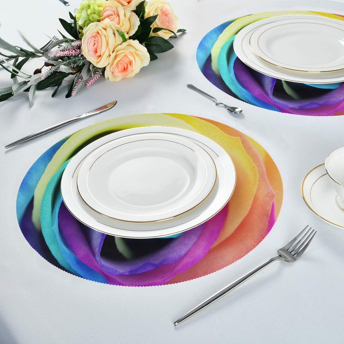 Blueangle Rainbow Rose Placemats - Set of 4 Round Non-Slip Table Mats for Dining, Heat Resistant & Decorative - Perfect for Kitchen, Restaurant, and Party Decor