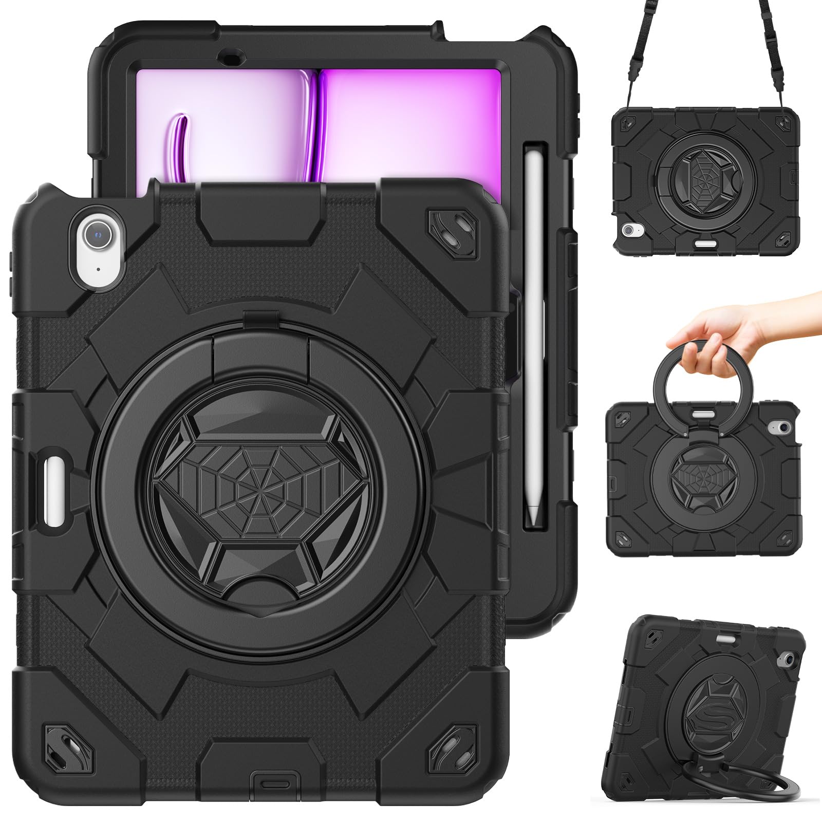 SCSVPN Heavy Duty Protective Case for iPad Air 11 Inch M3 (2025) / M2 (2024) - 7th/6th Gen Kids iPad Case with Screen Protector, Pencil Holder, Stand, Handle & Shoulder Strap - Perfect for School, Travel & Outdoor Activities (Black)