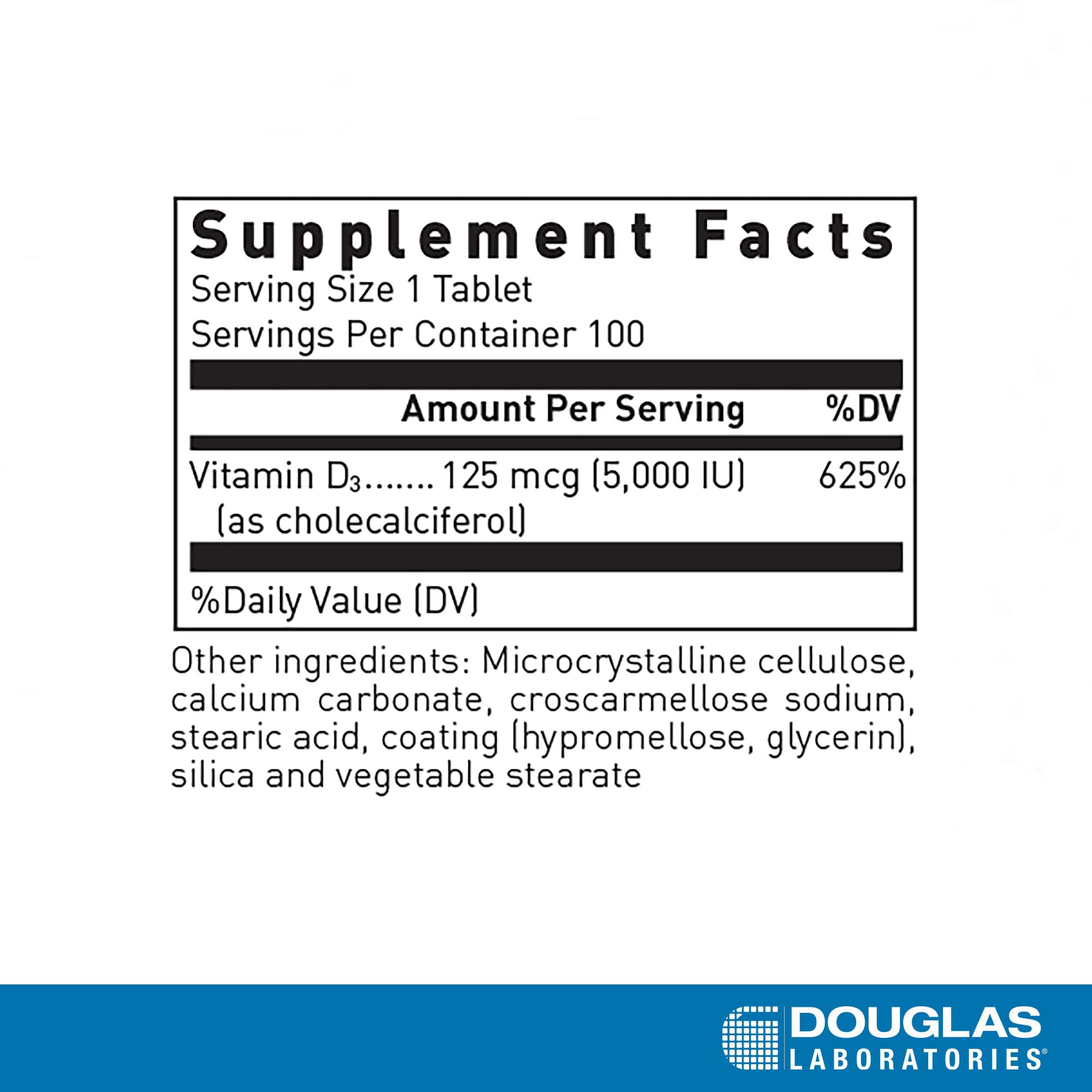 Douglas Laboratories Vitamin D3 5000 IU Supplement - Supports Immune System, Bone Health & Calcium Absorption | 100 Tablets | Ideal for Adults with Vitamin D Deficiency or Low Sun Exposure