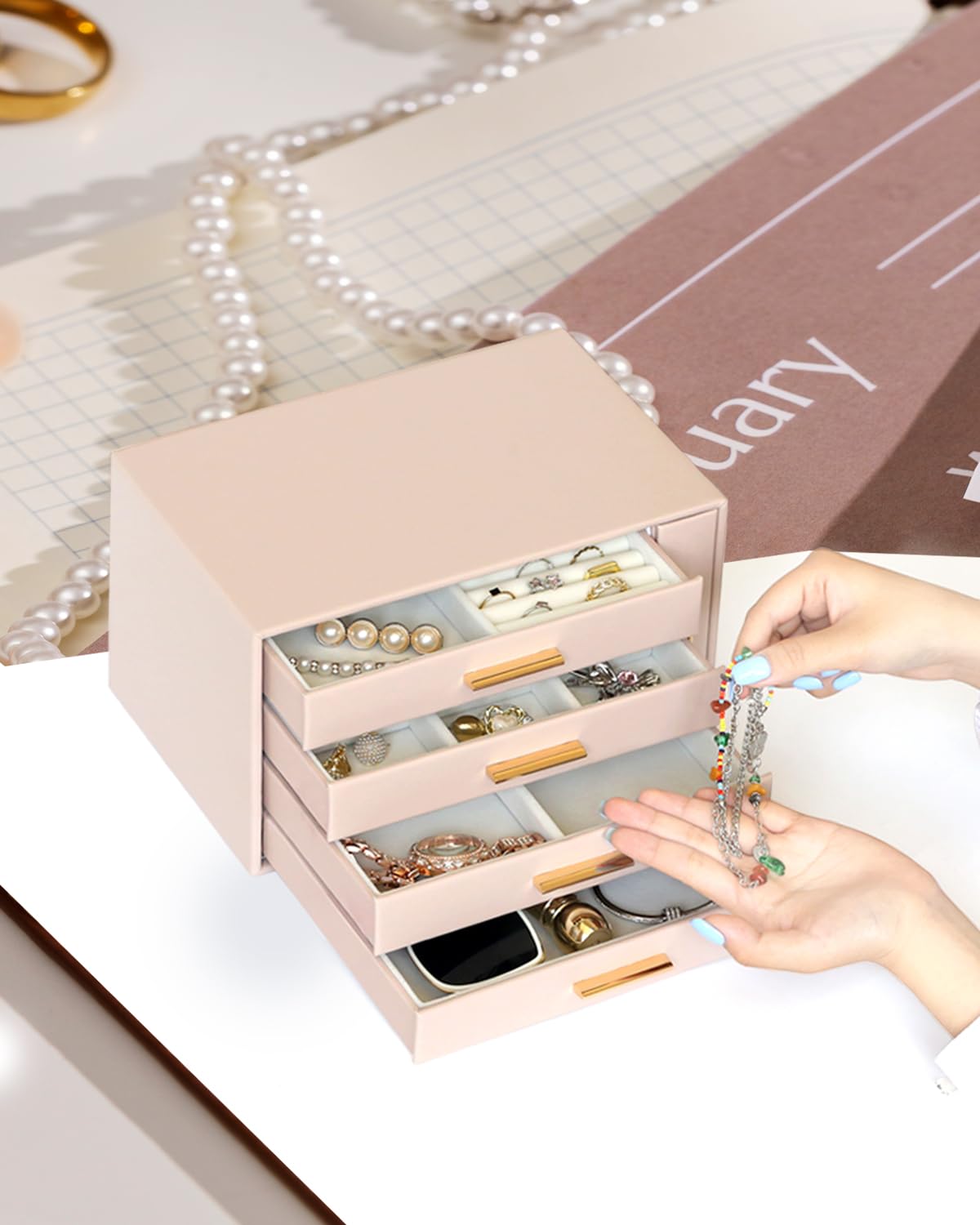 EZDeco 4-Layer Jewelry Box Organizer with Necklace Drawer - Women's Jewelry Storage for Earrings, Rings, Necklaces & Bracelets - Perfect Gift for Girls, Travel & Home Organization