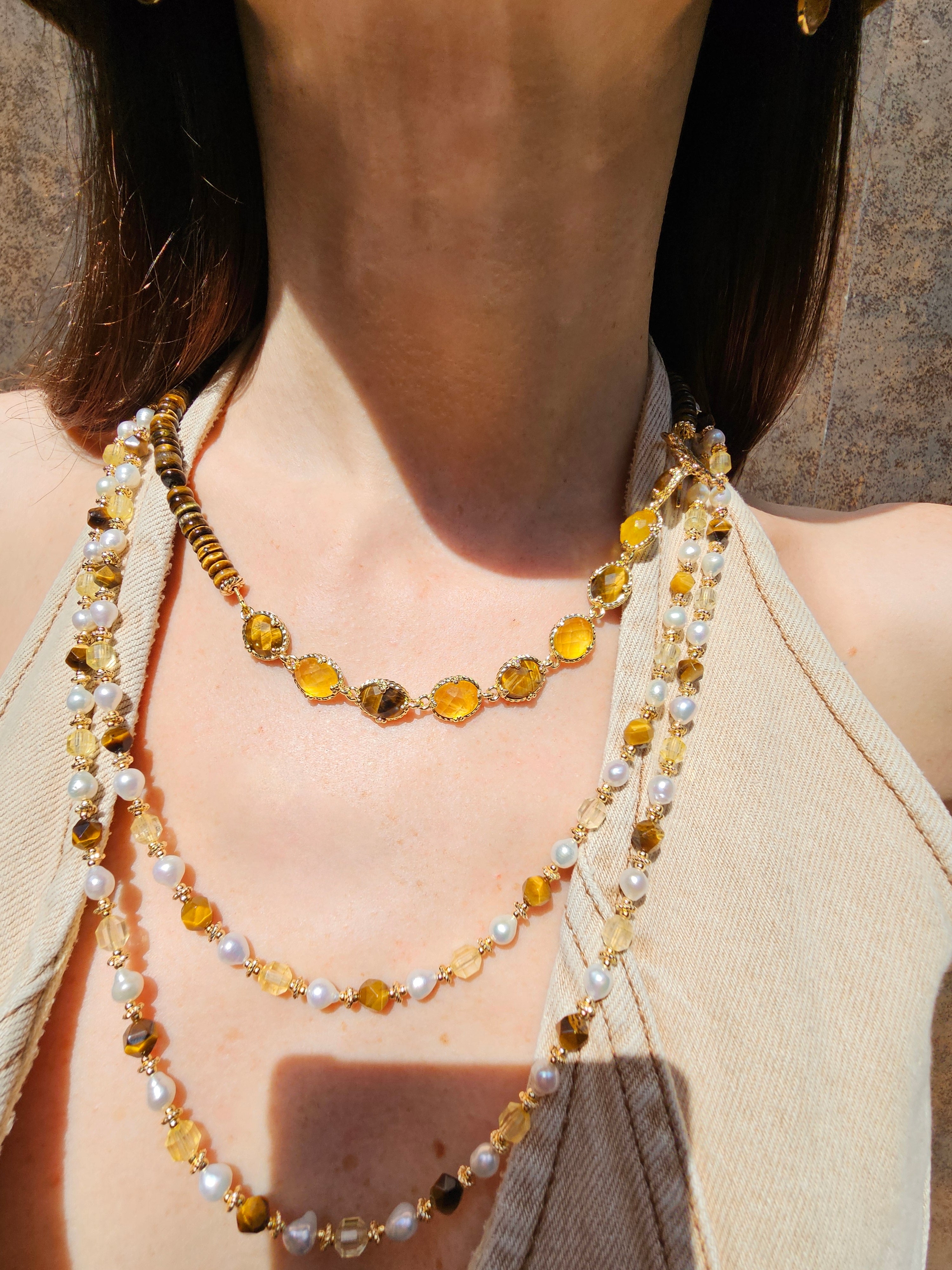 Brown Tiger Eye & Yellow Citrine with Freshwater Pearls Long Necklace PN058 | Elegant Boho Jewelry for Women, Perfect for Weddings & Special Occasions