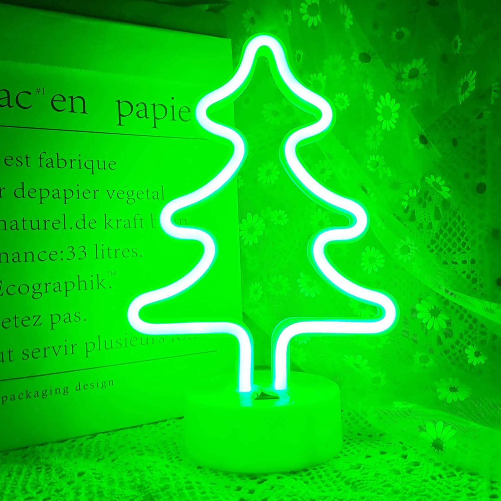Battery/USB Powered Green Neon Christmas Tree Light with Base - Holiday Home Decor for Christmas Party, Bedroom, Living Room & Office