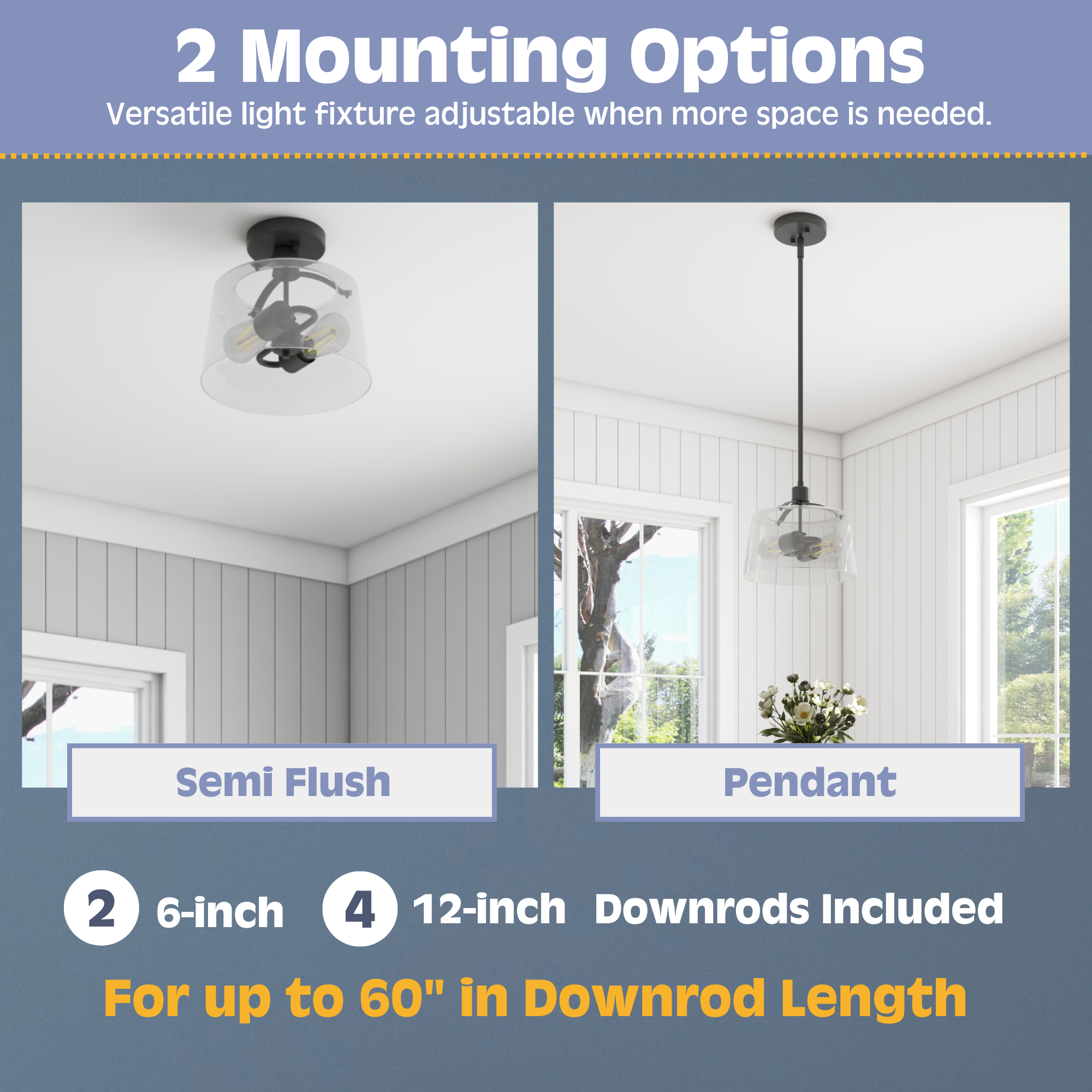 2-Light Fairendale Convertible Pendant/Semi-Flush Mount Ceiling Light Fixture - Matte Black with Clear Glass Shades - Perfect for Dining Room, Kitchen Island or Bedroom Lighting