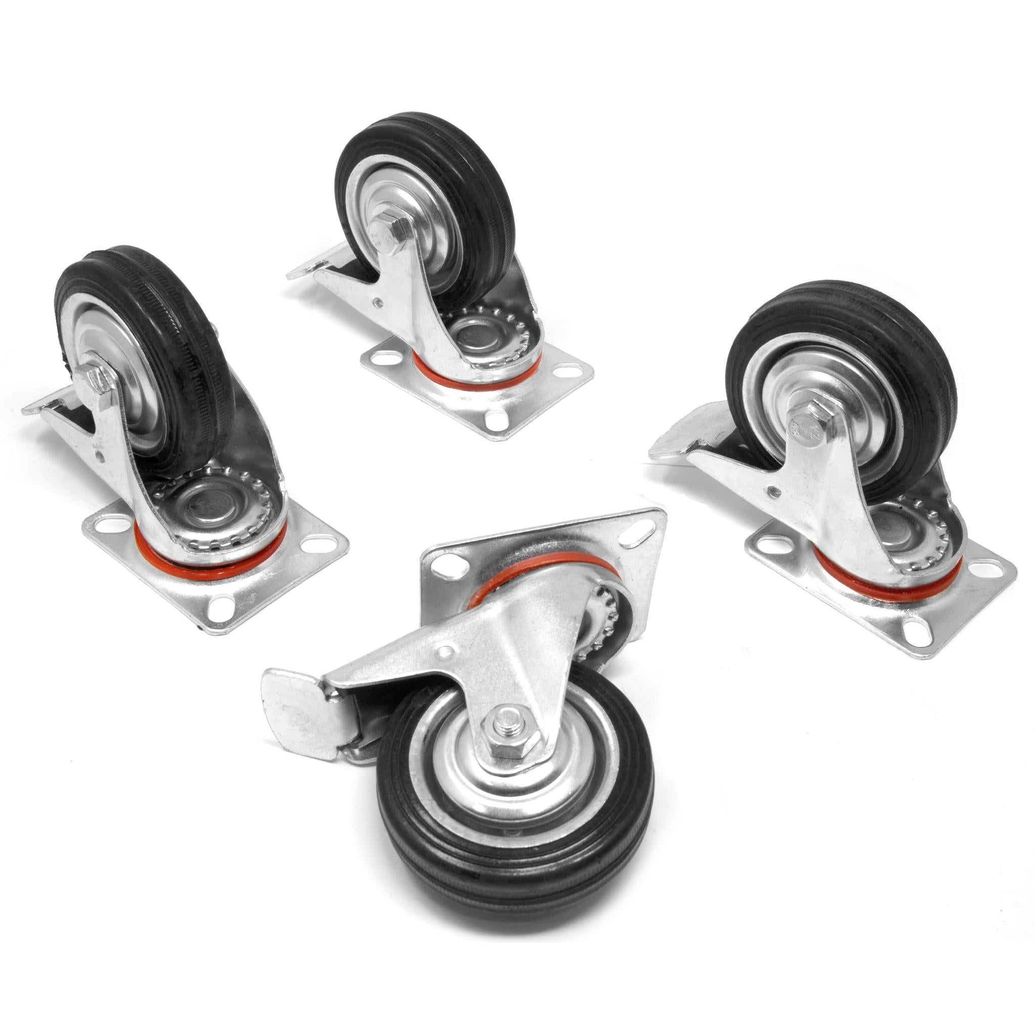 WEN CA5113B 3 Inch Heavy Duty Swivel Caster Wheels with Brake - 110 lbs Capacity per Wheel, Rubber Roller Bearing Plate Casters (Set of 4) - Perfect for Carts, Furniture, Workbenches and Industrial Equipment