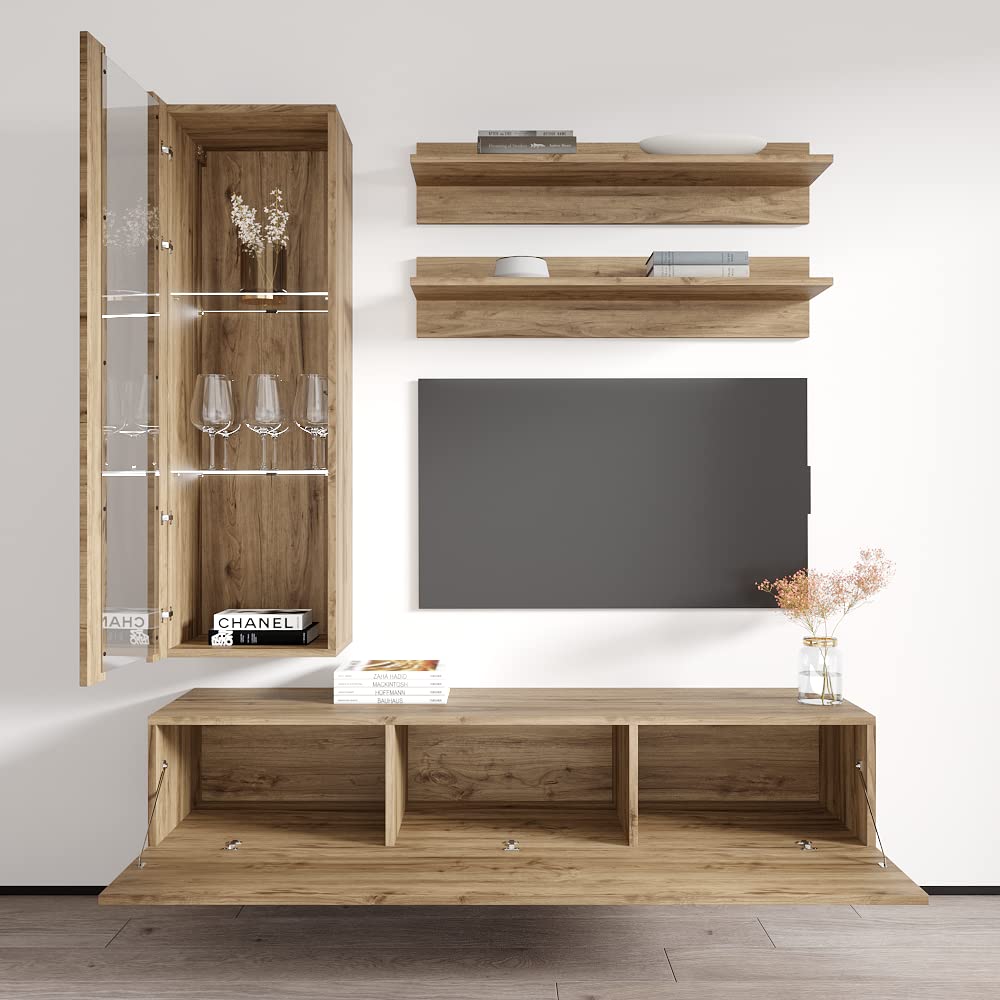 Modern Floating TV Stand with Storage & LED Lights - Wall-Mounted Entertainment Center for Bedroom & Living Room - H2 30TV Console with Shelves in Oak Finish - Perfect for Small Spaces & Home Theater Setup