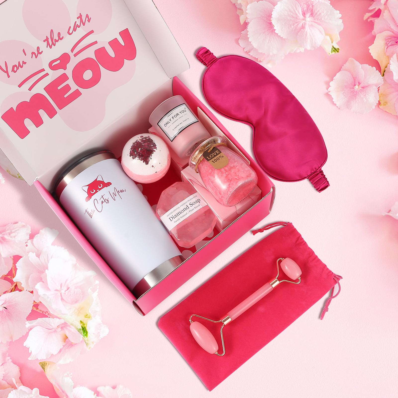 Premium Cat Lover Gift Set - 20oz Insulated Coffee Tumbler, Lavender Aromatherapy Candle, Diamond-Infused Soap, Jade Facial Roller, Relaxing Bath Bomb & Salts, Silk Sleep Mask & Gift Card in Elegant Cat-Themed Gift Box - Perfect Birthday, Anniversary & Self-Care Gifts for Cat Ladies
