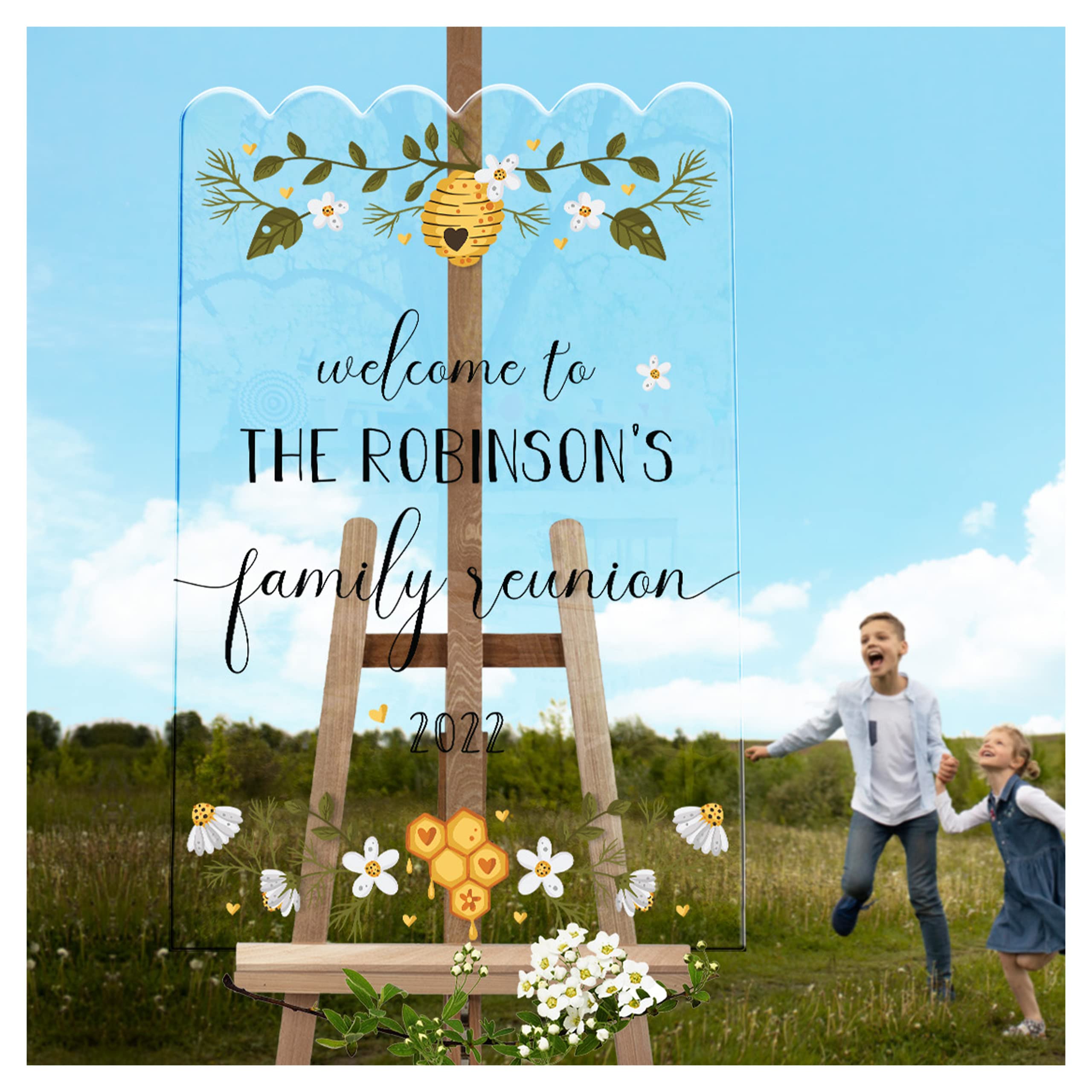 Personalized Honey Bees Family Reunion Sign - Custom Beehive Welcome Plaque - Acrylic Wall Decor for Home, Garden & Outdoor Events