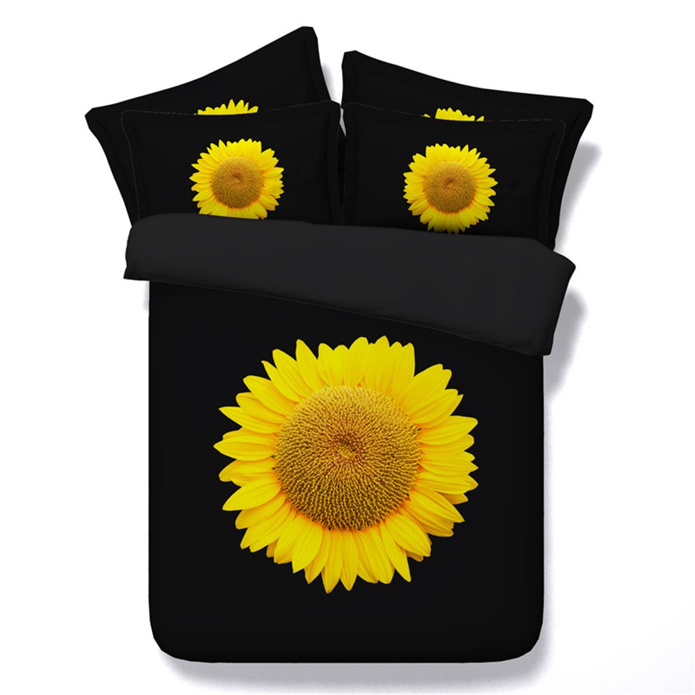 Newrara 3D Sunflower Printed Queen Size 4-Piece Duvet Cover Set - Bright Yellow Floral Design on Black Background - Perfect for Bedroom Decor, Guest Room & Dorm Room Essentials