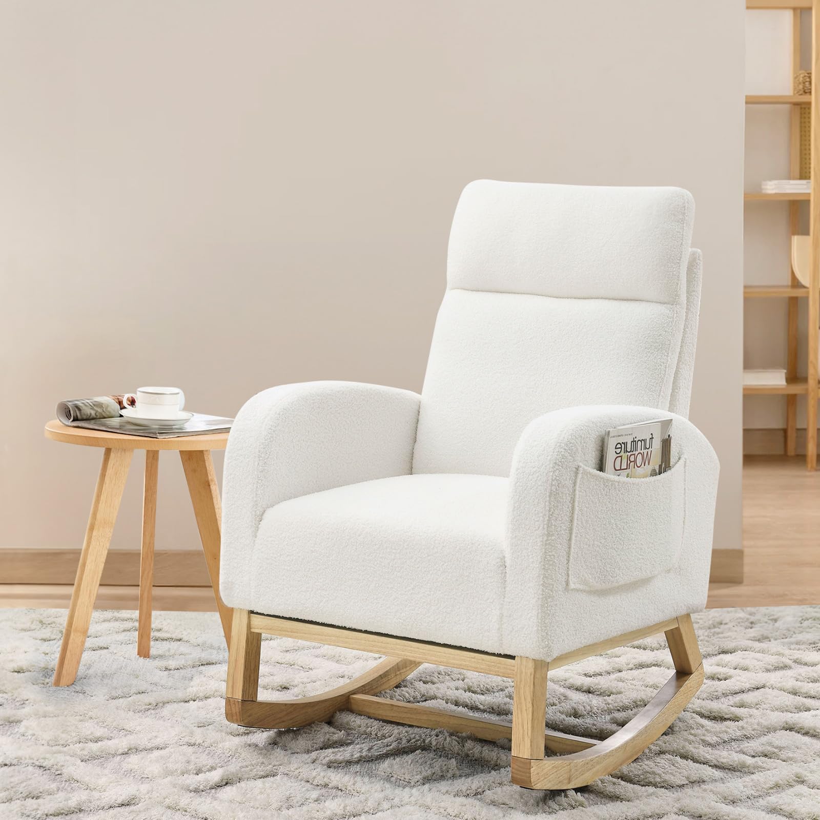 **Teddy Fabric Upholstered Baby Glider Rocker Chair - Nursery Rocking Chair with Side Pockets & Solid Wood Legs - Comfy Nursing Armchair for Living Room, Bedroom - Perfect for Breastfeeding, Reading & Relaxing (White)**
