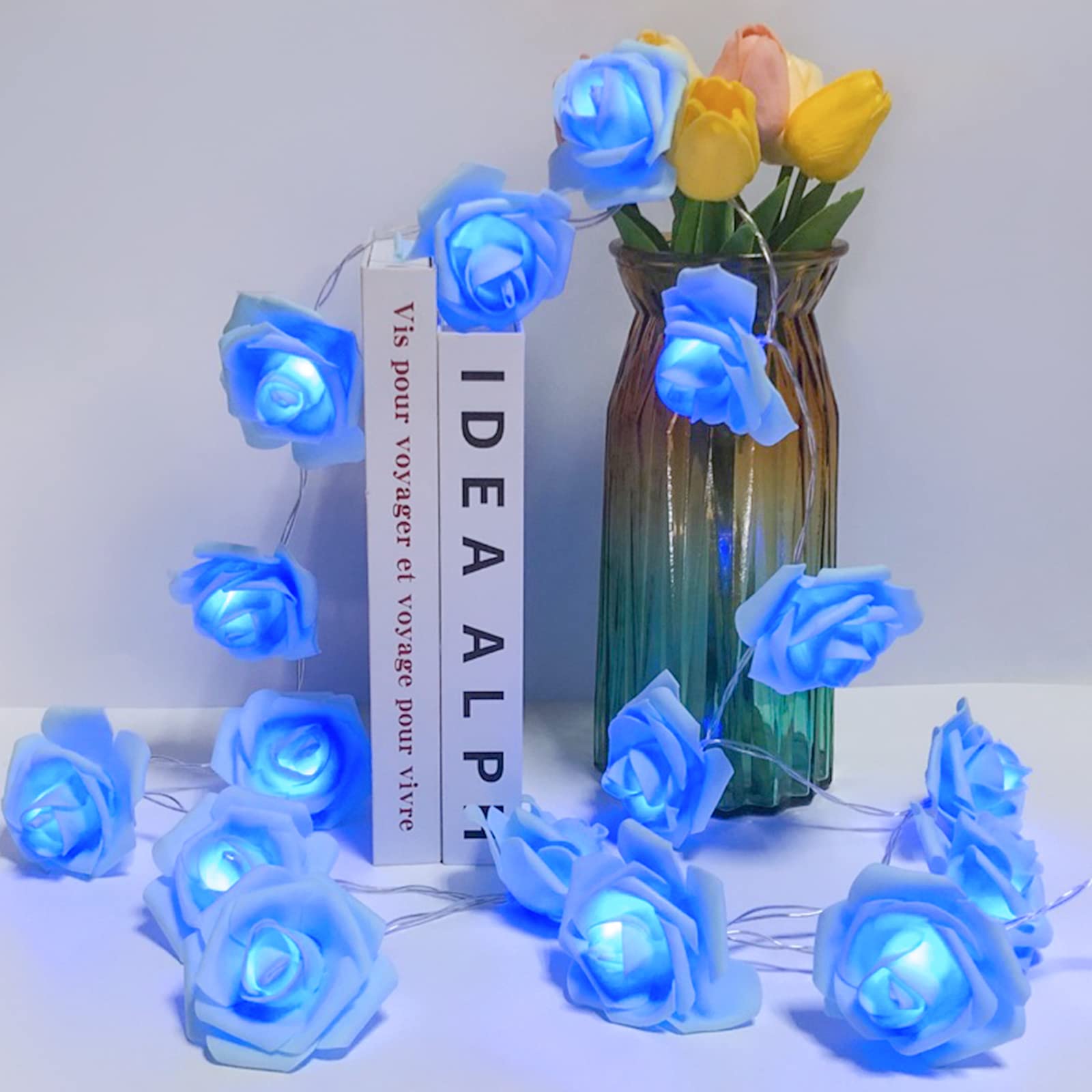 VIPMOON Blue LED Rose Flower String Lights - 6.6ft Battery Operated Fairy Lights with 20 Warm White LEDs for Romantic Wedding, Birthday Party, Home Decor & Indoor Decoration | Perfect for Bedroom, Garden, Valentine's Day & Anniversary Gifts