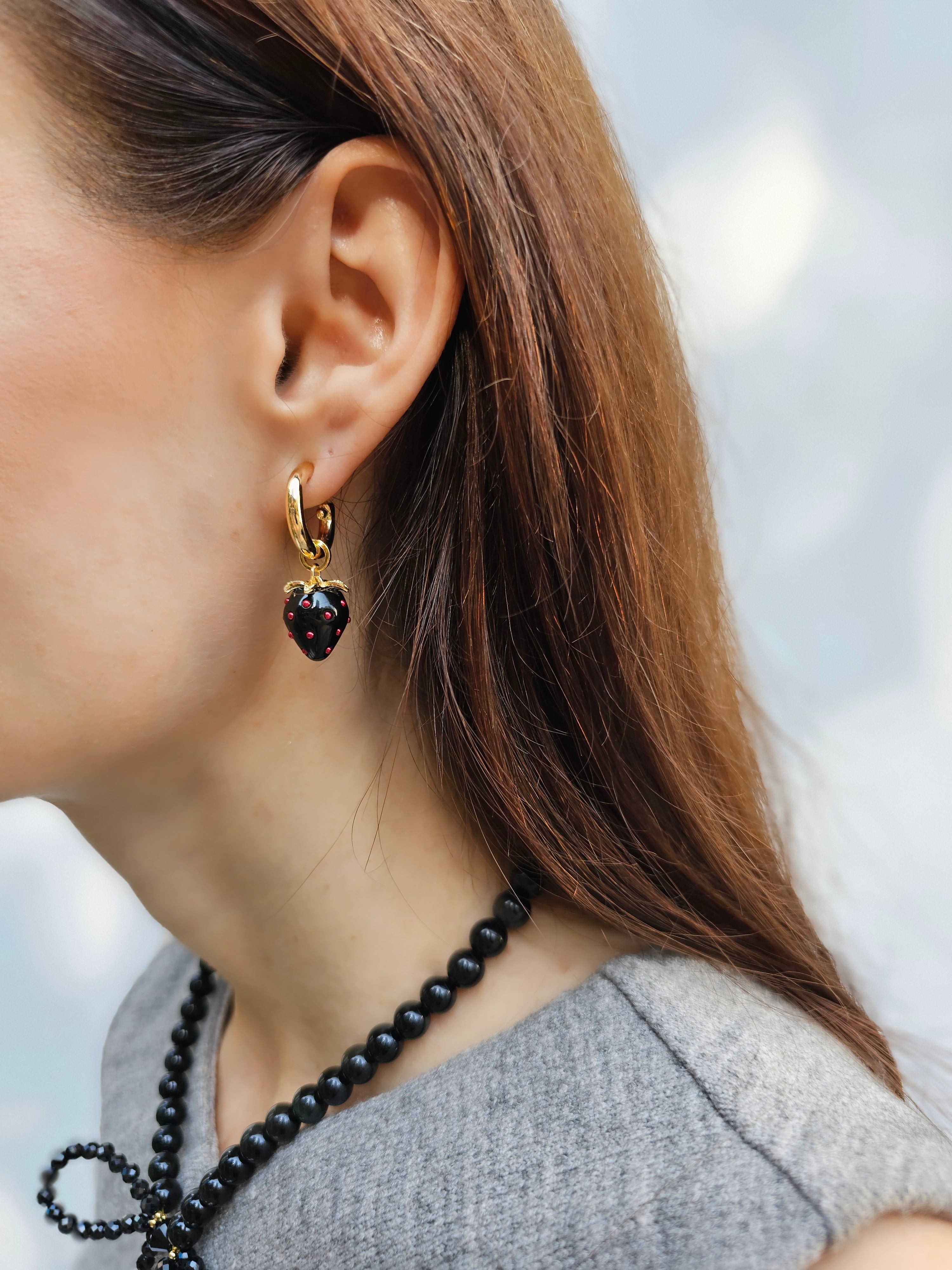 Black Strawberry Dangle Hoop Earrings for Women - Trendy Fruit Jewelry Gift for Her - Perfect for Casual Wear, Parties & Everyday Fashion