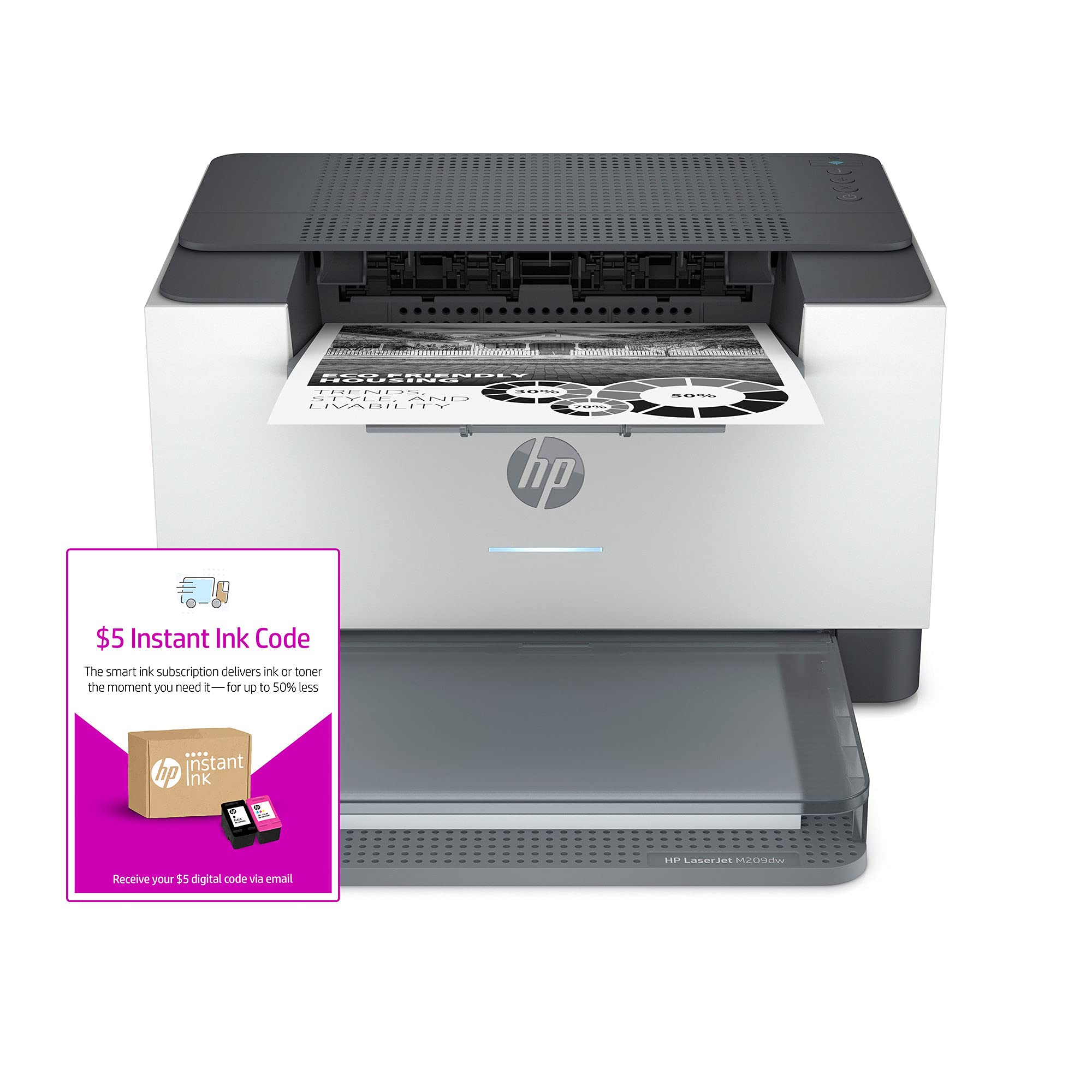 HP Laserjet M209dw Wireless Black & White Laser Printer | Fast Duplex Printing (6GW62F) | Includes $5 Instant Ink Prepaid Code | Ideal for Home Office & Small Business Printing Needs