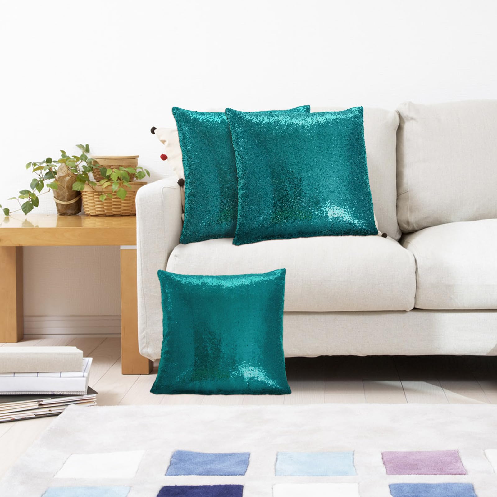 Eternal Beauty Set of 2 Teal Sequin Decorative Pillow Covers 18x18 Inches - Luxury Throw Pillows for Couch, Sofa & Bedroom Decor - Perfect for Living Room, Home Styling and Gift Giving